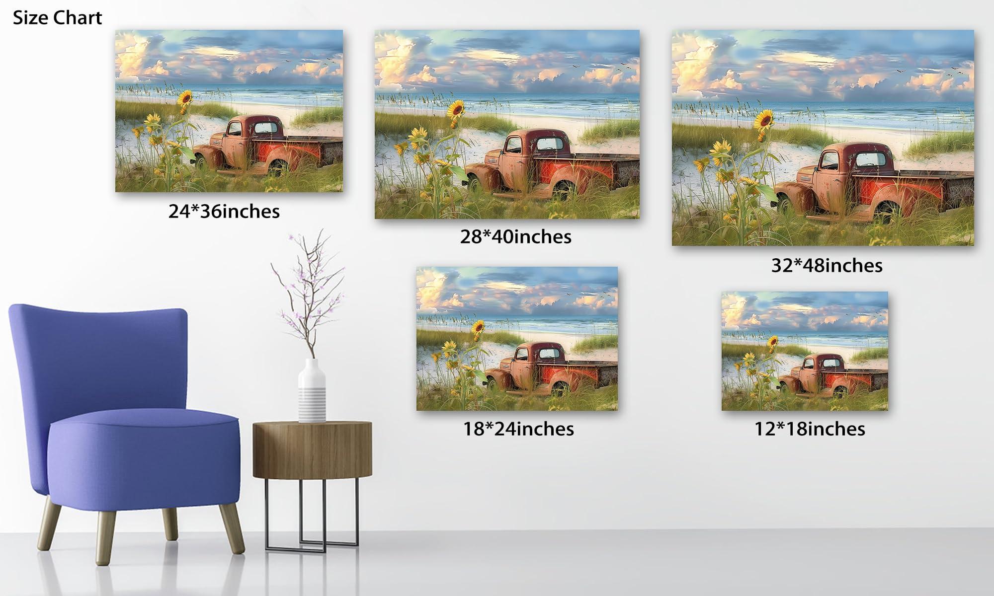 ANRUOXI ANRUOXI Coastal Wall Art Framed, Beach Wall Art for Living Room Wall Decor, Ocean Wall Art Old Truck on The Beach, Flower Truck Beach Pictures Wall Art for Bedroom Framed Ready To Hang 12x18\'\'