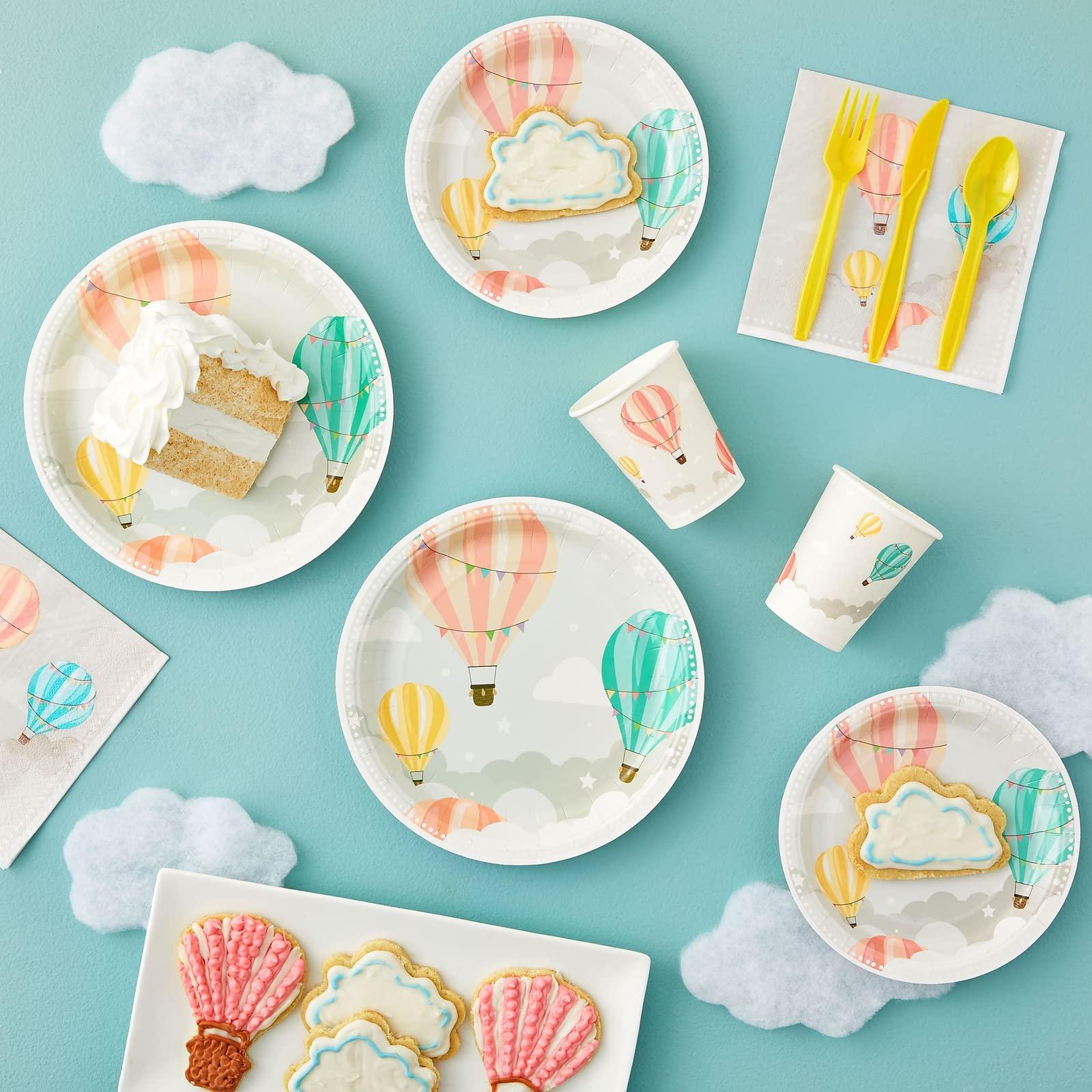 Sparkle and Bash Sparkle and Bash 168-Piece Hot Air Balloon Party Decorations for Baby Shower, Birthday Party, Disposable Dinnerware Set with Paper Plates, Plastic Cutlery, Cups, and Napkins (Serves 24)