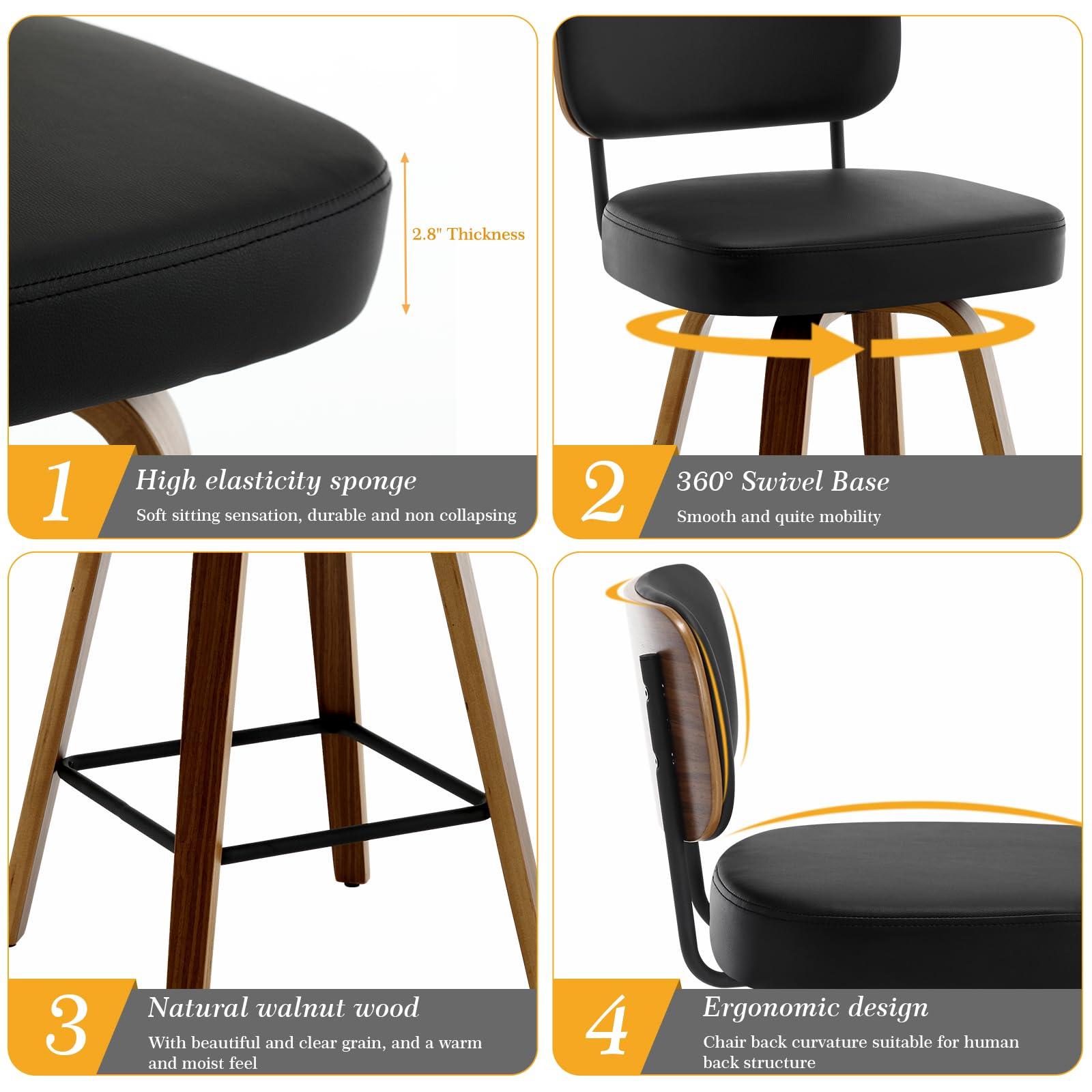 Bekrvio Bekrvio Swivel Counter Height Bar Stools Set of 3, 26\" Upholstered Faux Leather Barstools with Back and Bent Wood Legs, Mid Century Modern Bar Chair Island Stool for Kitchen Counter, Black