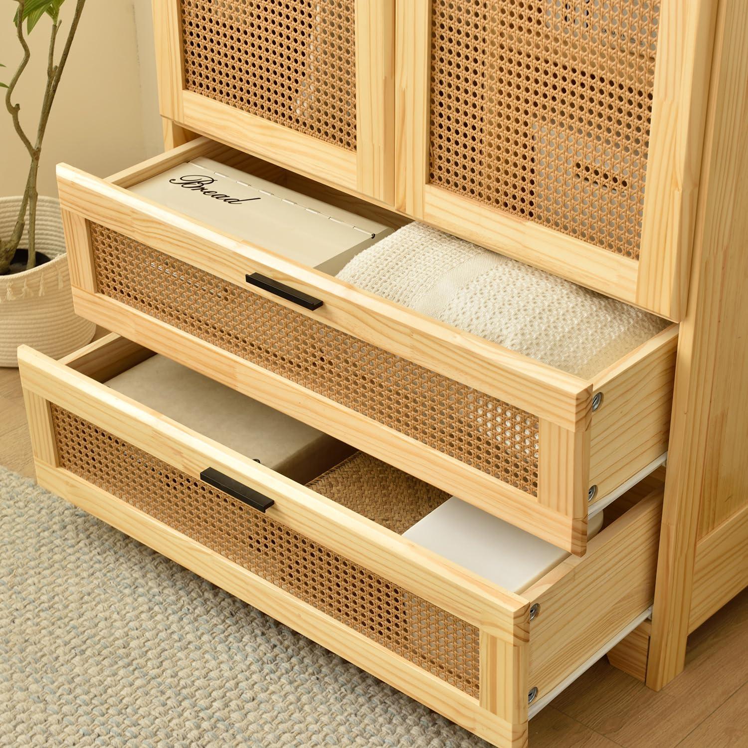 Woodpeckers Furniture And Mattress Pine Wood Closet with Rattan Doors and Two Drawers (Natural)