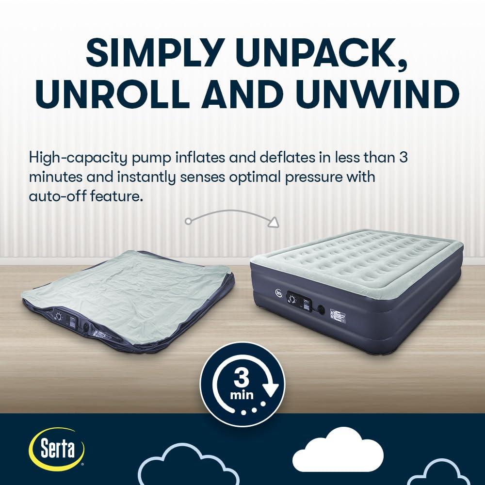 Serta Serta Raised Air Mattress with Never Flat Pump | Size: Queen 18\" | Luxury Inflatable Mattress with Built in Air Pump to Ensure a Good Nights Rest | Heavy Duty Blow Up Mattress with Self Inflating Pump