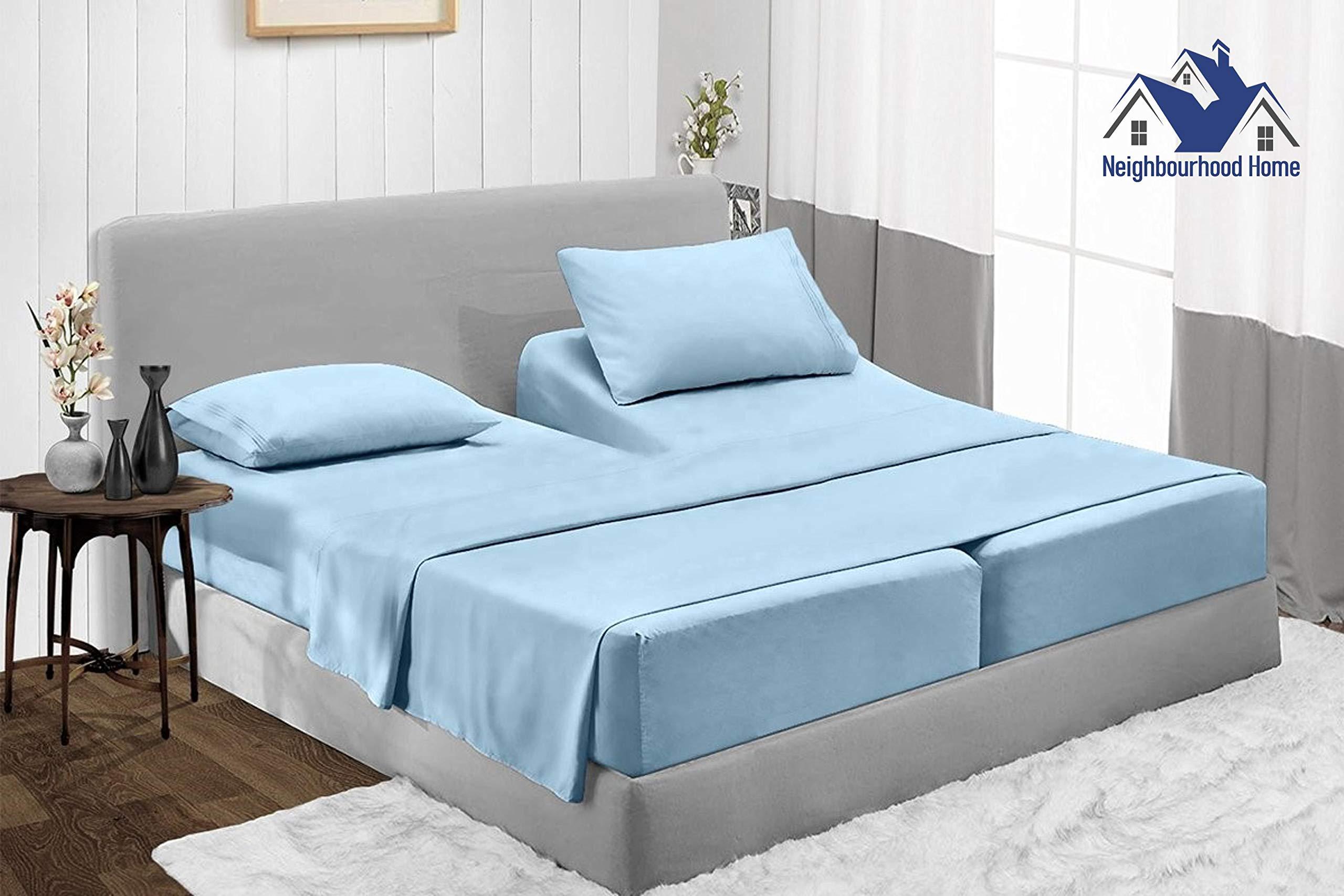 Neighbourhood Home Split California King Egyptian Cotton Sheets Sets for Adjustable Bed 18-Inches Extra Deep Pocket- 1000-Thread-Count, 100% Egyptian Cotton 5-PC Sheet Set Soft Breathable Sateen Weave - Light Blue