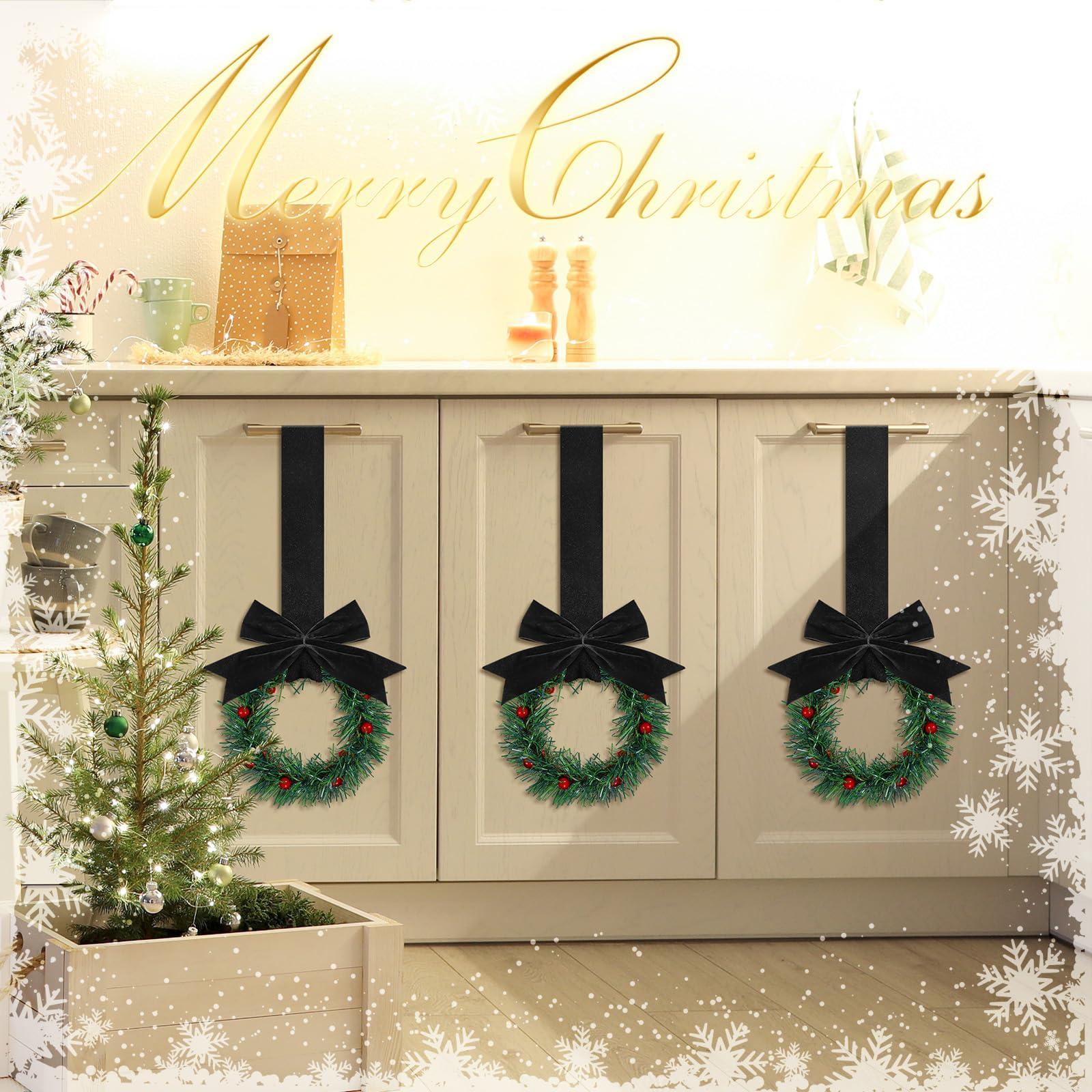 Retrowavy Retrowavy 12 Pcs Christmas Kitchen Cabinet Wreaths with Ribbon Mini Christmas Wreath Small Kitchen Wreath Greenery Wreath for Window Door(Black,Classic Style)