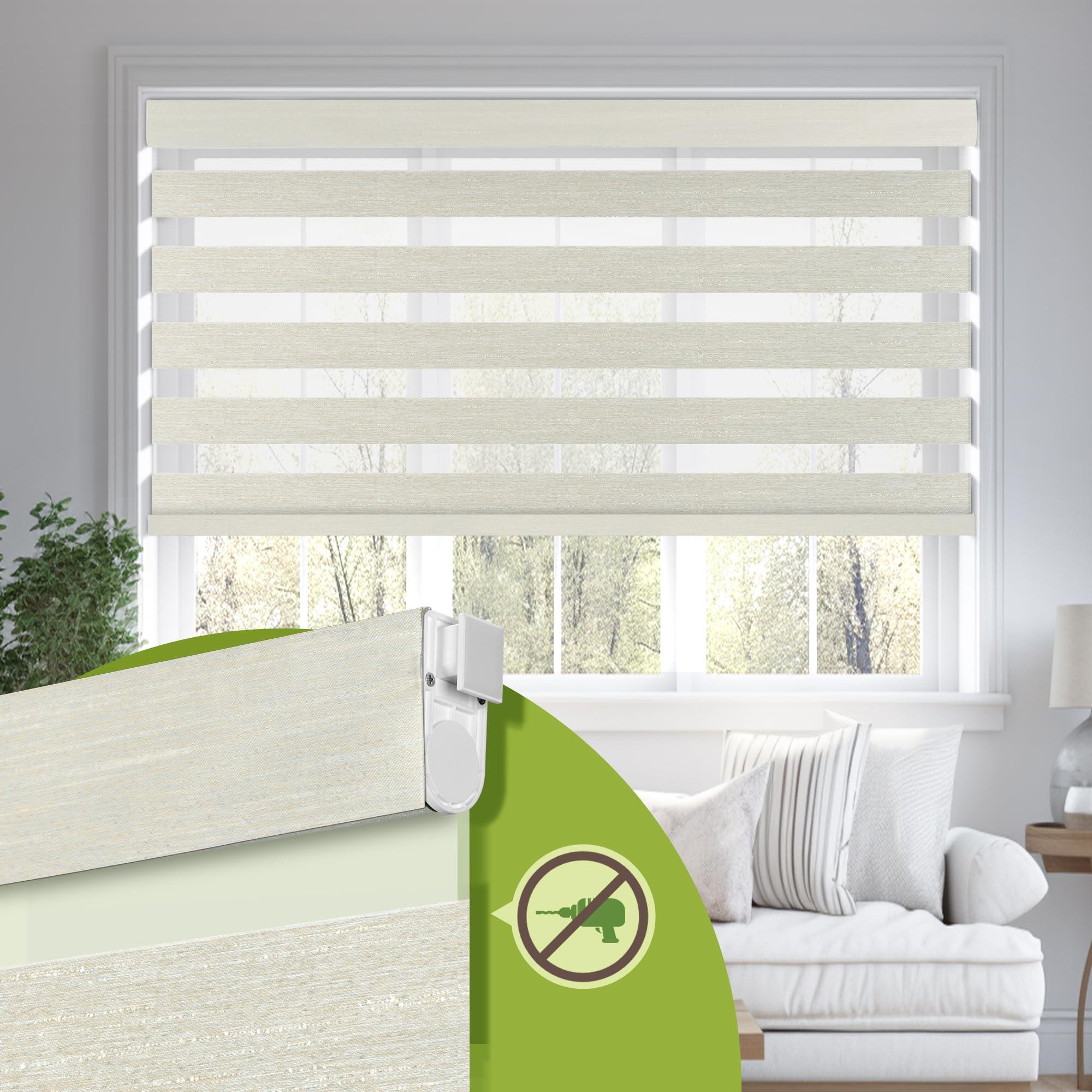 MoDanCeQ MoDanCeQ No Drill No Tools Cordless Dual Layer Zebra Blinds for Windows, Blackout Zebra Shade for Indoor Windows,Easy to Install Thermal Insulated Blinds, Brown, 26" W x 64" H