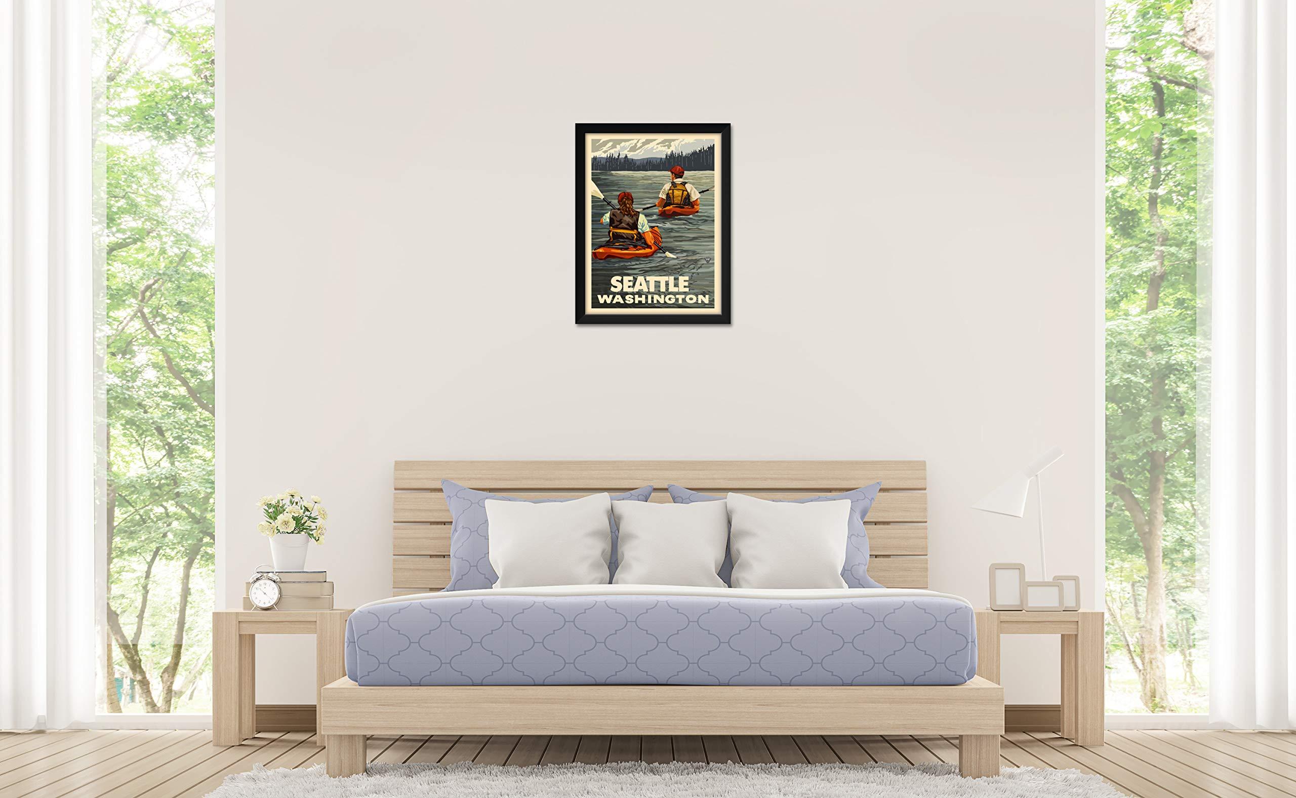 Northwest Art Mall Seattle Washington Kayakers Professionally Framed Art Print from Travel Artwork by Artist Paul A. Lanquist Framed Art Size: 20\" x 26\"