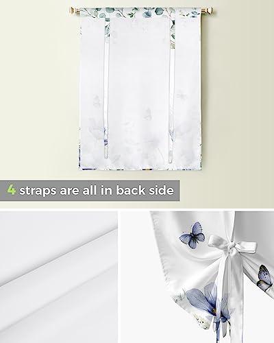 Yukro Yukro Tie Up Curtains Window Shades,Blue Tulip Flower Butterfly Eucalyptus Leaves White Background Rod Pocket Tie Up Window Shade,Adjustable Balloon Curtain Shade for Blinds Kitchen Bathroom,42"x45"