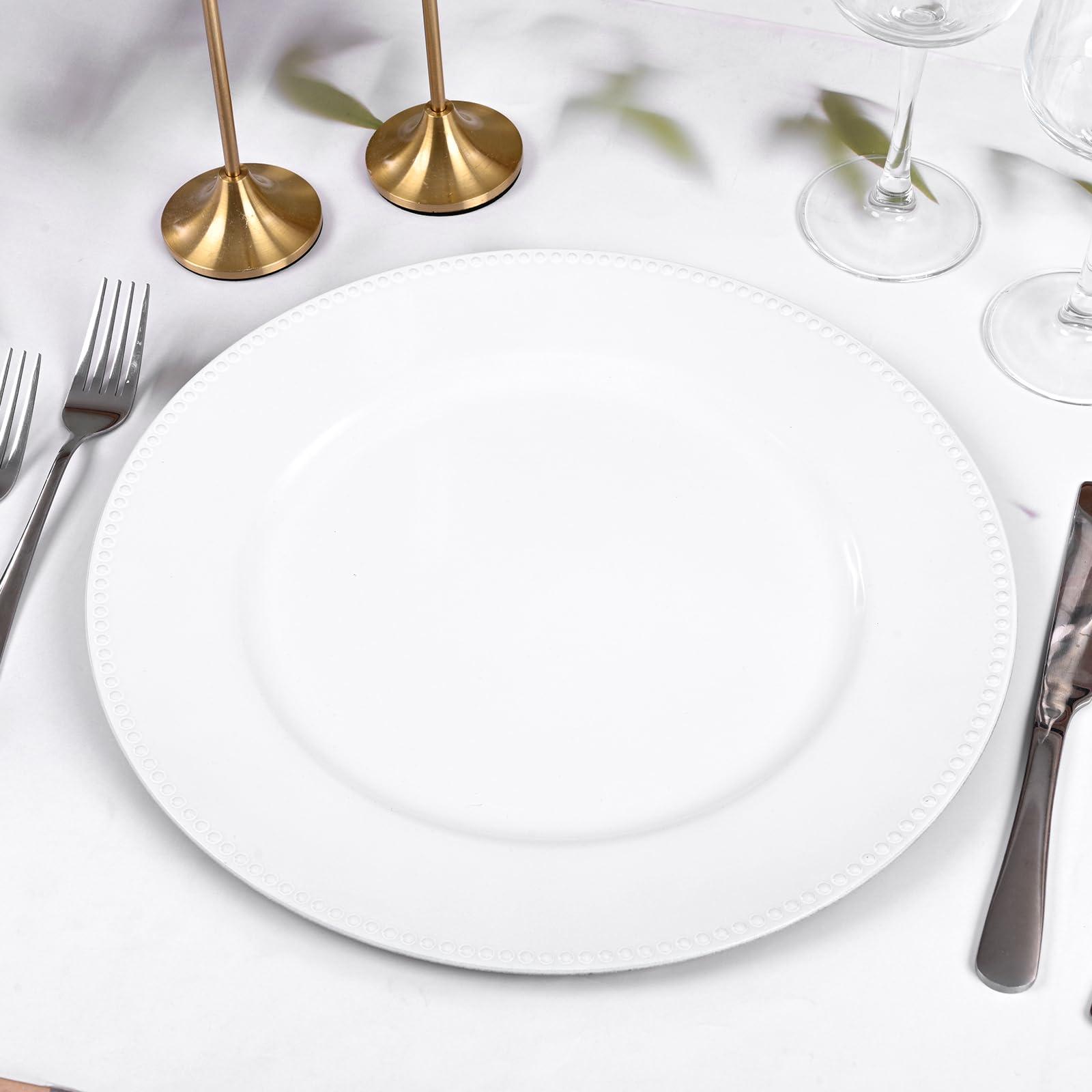 Lumaycens 50 Pcs White Charger Plates 13\" Round Beaded Plate Chargers for Dinner Plates Decorative White Chargers Plastic Charger Plates Bulk for Wedding Party Event Baby Bridal Shower Table Decoration