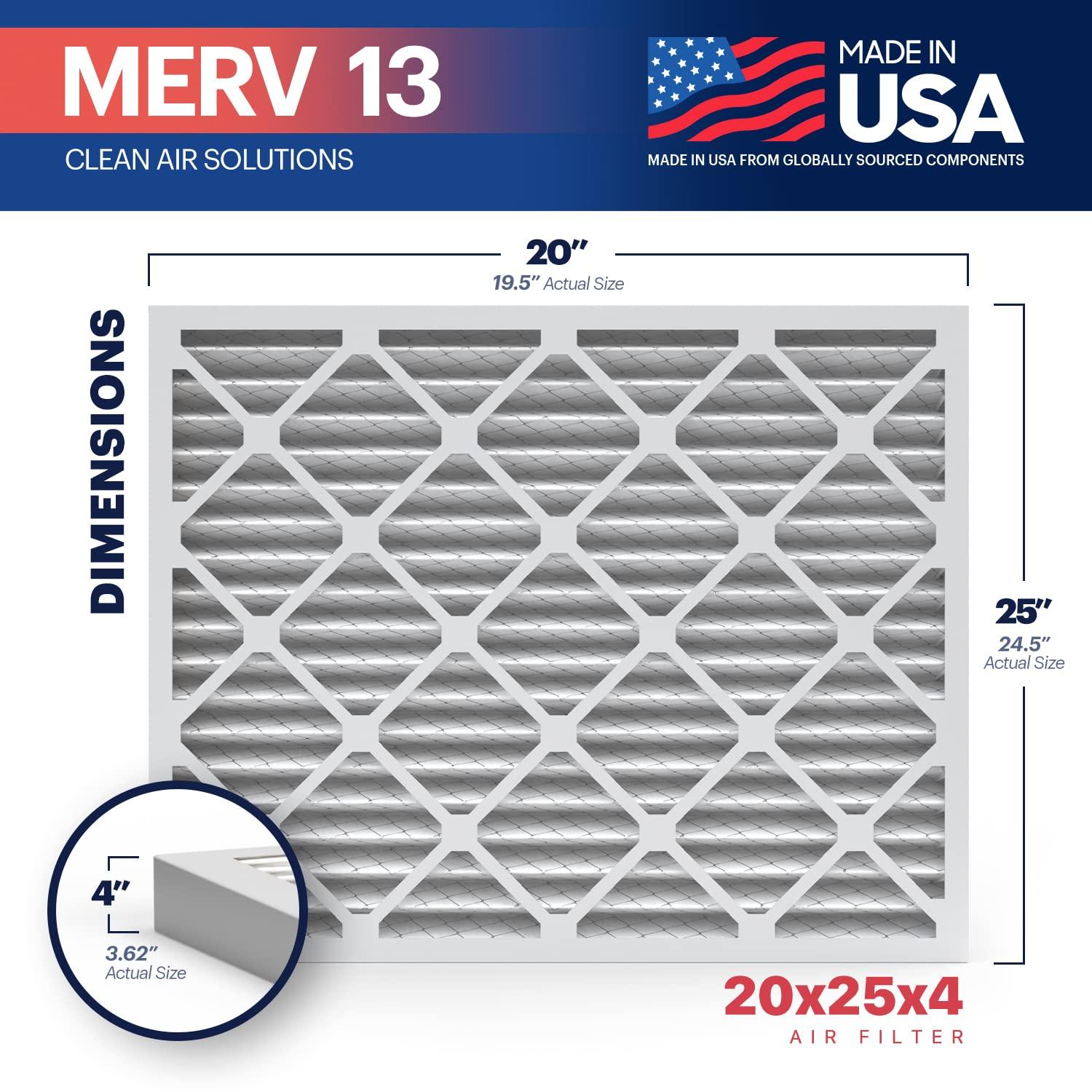 BNX BNX TruFilter 20x25x4 (19.5 x 24.5 x 3.63 Slim Fit) MERV 13 Air Filter (2-Pack) - MADE IN USA - Air Conditioner HVAC AC Furnace Filters Health, Allergies, Mold, Bacteria, Smoke, MPR 1900 FPR 10