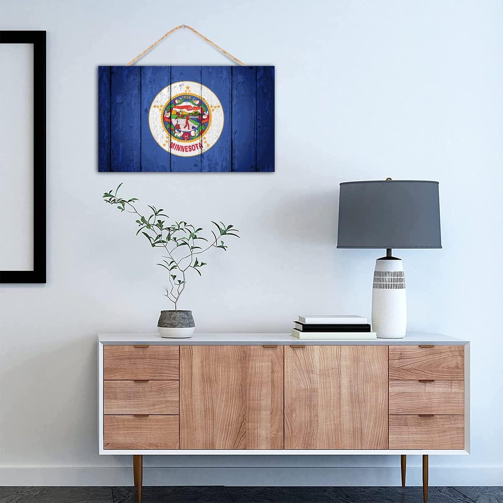 TEANFUN TEANFUN Minnesota State Wood Hanging Sign Rustic Minnesota State Flag Wood Wall Sign Hanging Decorative Door Wood Sign for Rustic Home Decor 12x20 Inch