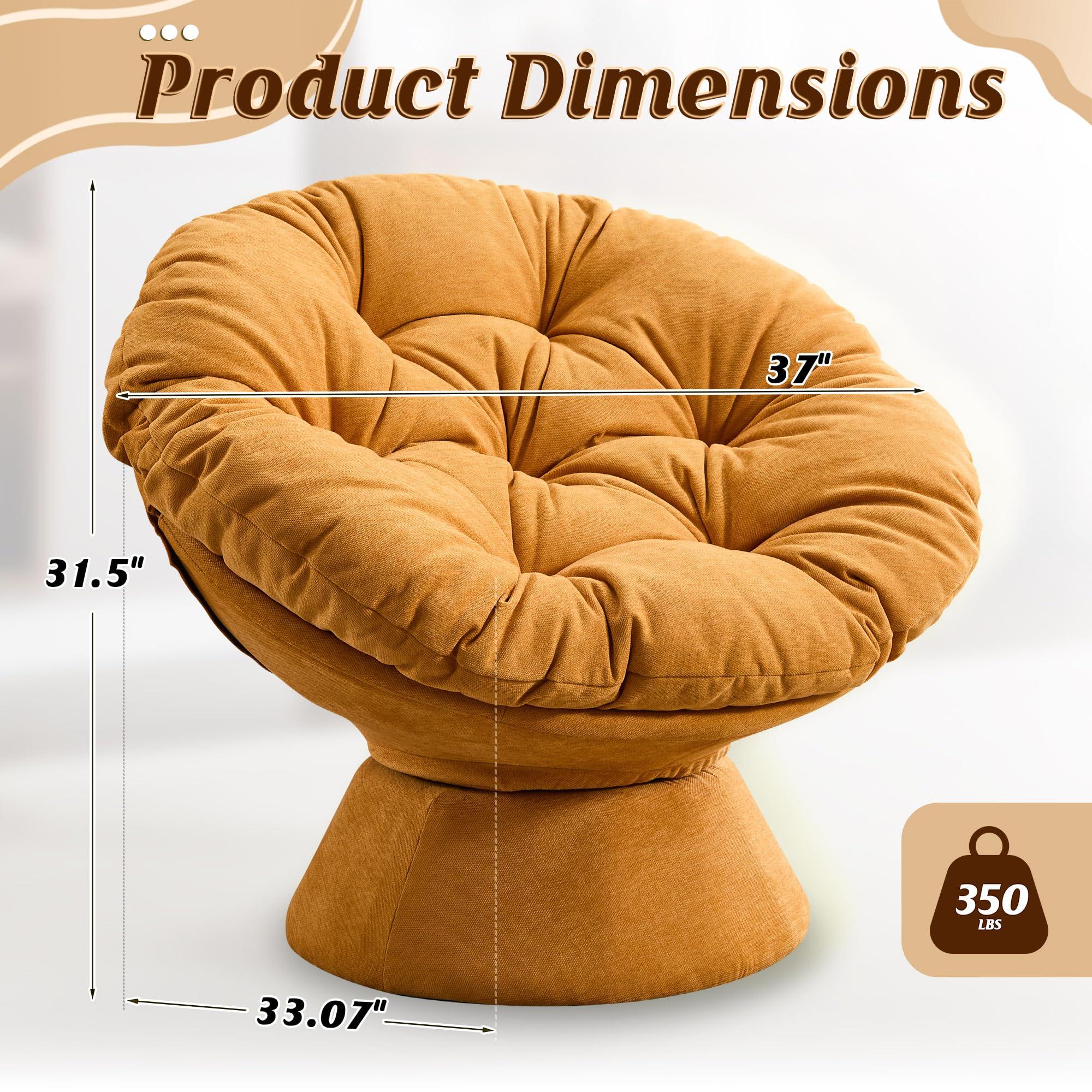 SLEERWAY Papasan Chair with Cushion and Frame, 360 Swivel Accent Chair, Comfy Chenille Upholstered Round Chair, Modern Oversized Reading Chair with Metal Base Lazy Chair for Bedroom, Living Room, Orange