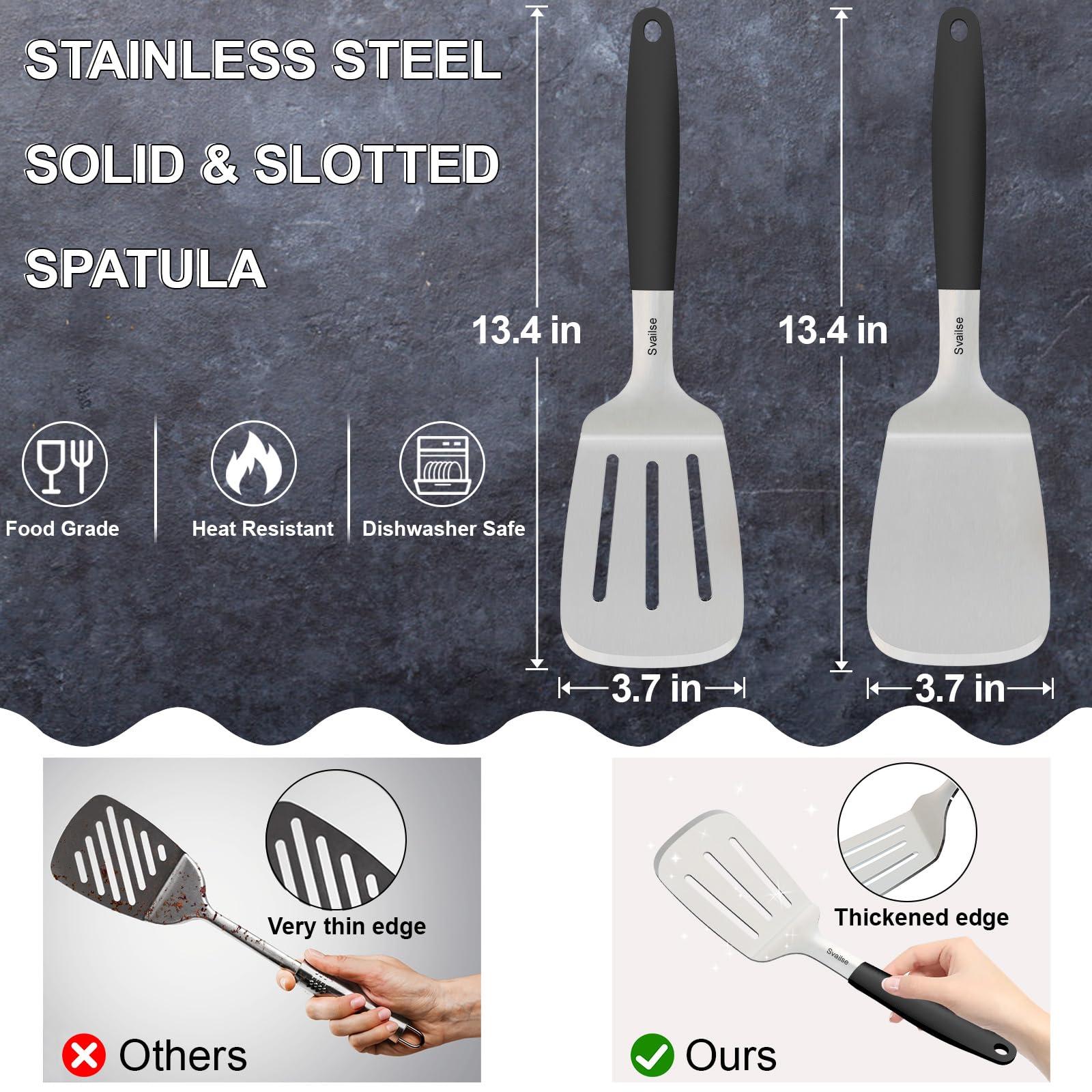Svailse Svailse Stainless Steel Spatula, 13.4 Inch Metal Spatula for Kitchen Use, Heavy Duty Turner with Silicone Handle, Set of 2 Solid & Slotted Metal Turner for Cast Iron Skillet, Grilling and Cooking