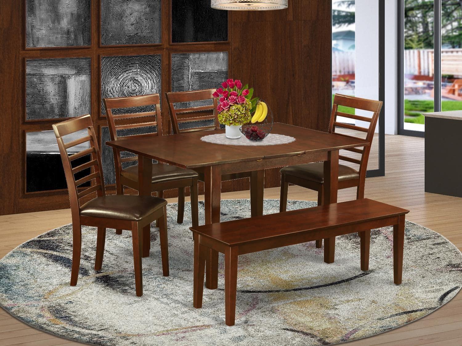 East West Furniture East West Furniture MILA6D-MAH-LC Milan 6 Piece Set Contains a Rectangle Dining Room Table with Butterfly Leaf and 4 Faux Leather Upholstered Chairs with a Bench, 36x54 Inch