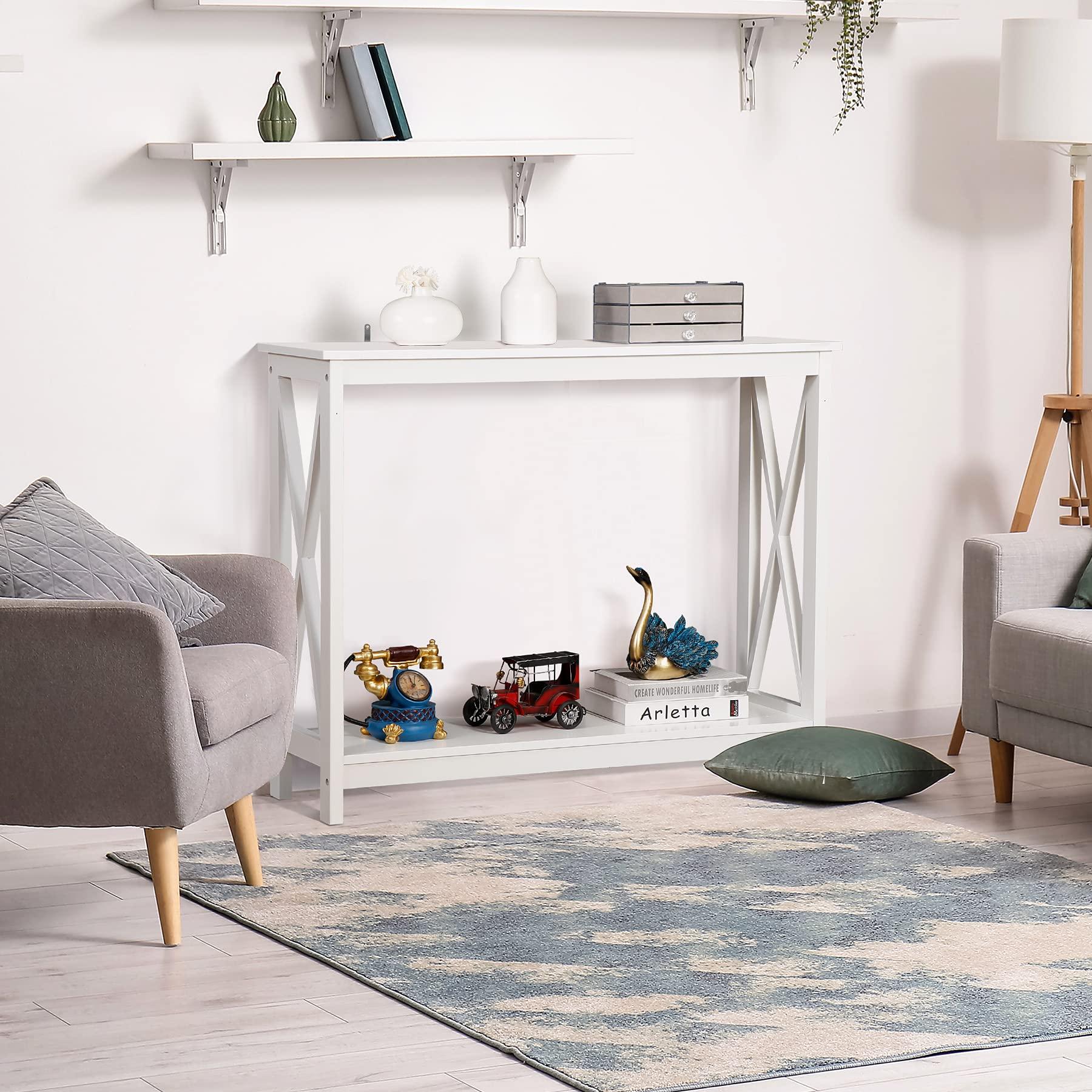 SUPER DEAL SUPER DEAL 2-Tier Narrow Console Sofa Side Table for Entryway/Hallway/Living Room, 39.3in L x 11.8in W x 31.6in H, White