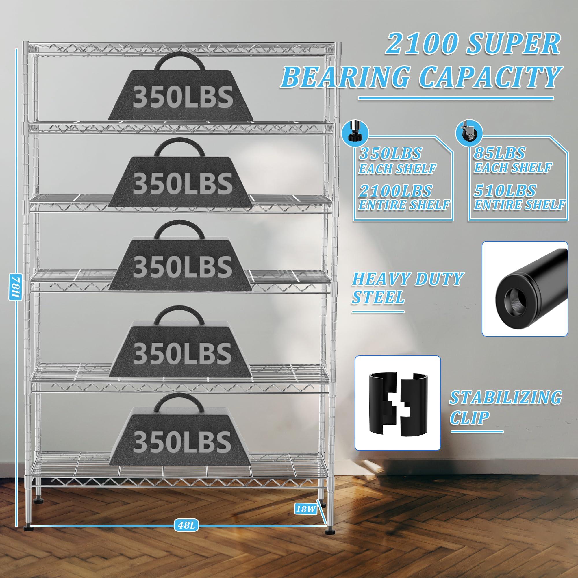 Dlewmsyic Dlewmsyic 6 Tier NSF Certified Metal Storage Shelving Unit,48D x 18W x 78H Load 2100lbs,Adjustable Metal Shelving for Restaurant Kitchen Bathroom Garage,Commercial Grade Shelves Organizer, Chrome