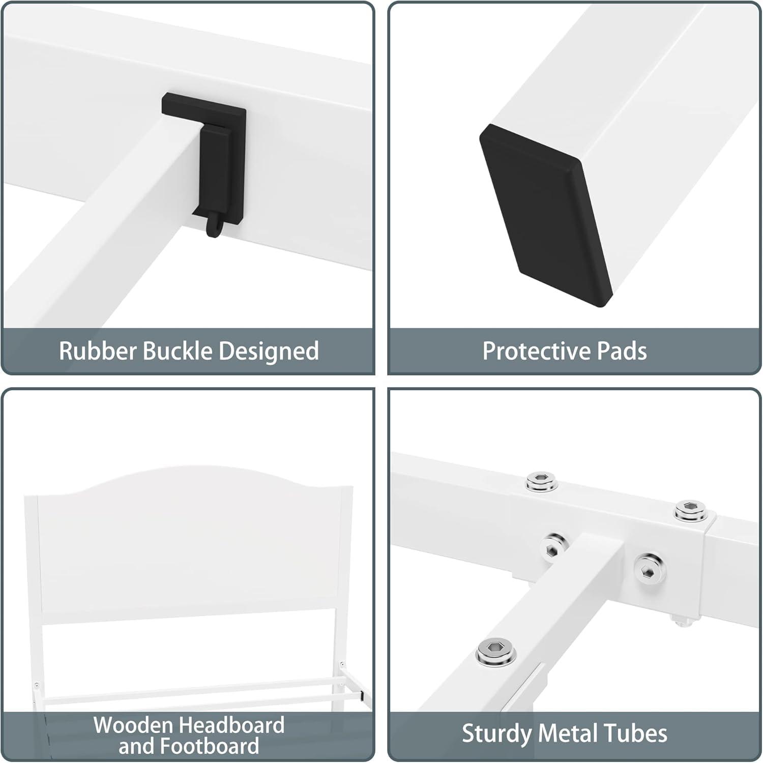 Timy Timy Kids Twin Bed Frame with Wooden Headboard and Footboard, Metal Platform Bed Frame for Boys Girls Teens Adults, Modern Kids Bed Furniture, No Box Spring Needed, White