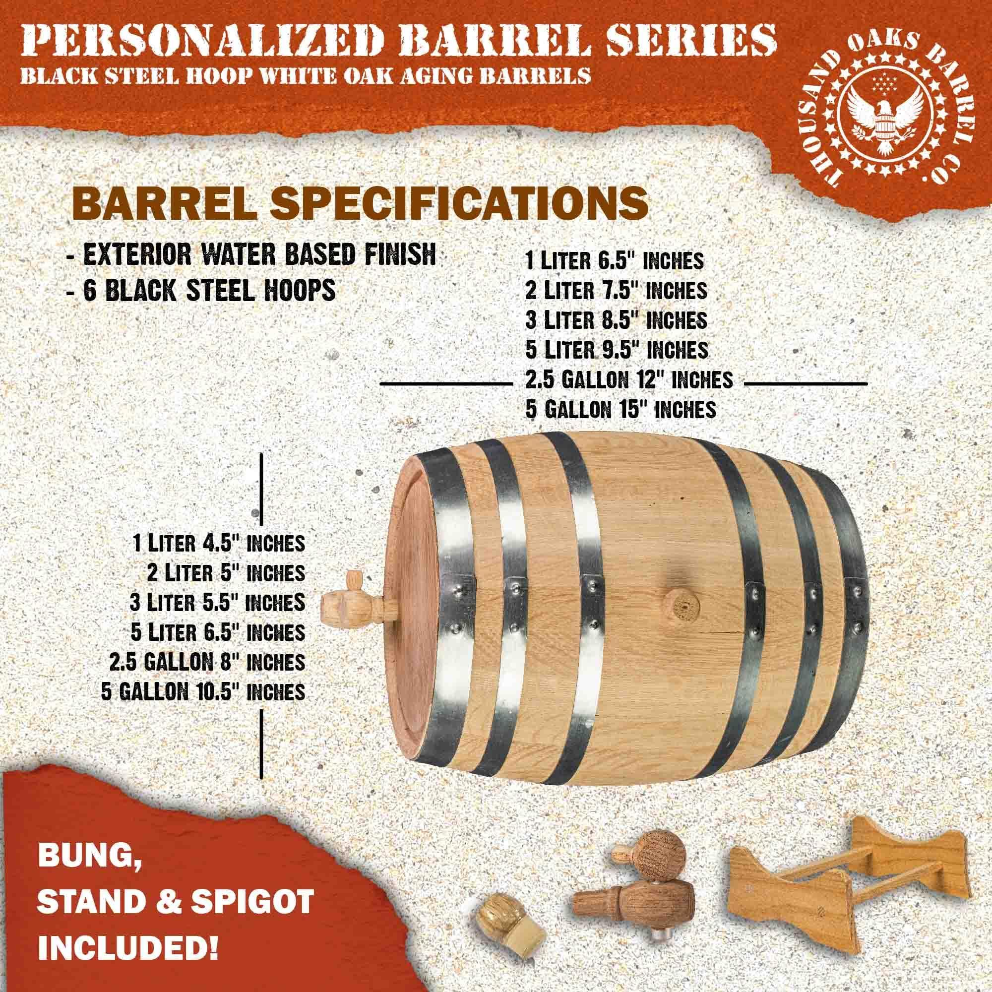 THOUSAND OAKS BARREL Personalized 2 Liter Oak Aging Barrel with Wood Stand, Bung & Spigot - Age Cocktails, Bourbon, Whisky, Rum, Tequila, Mead Wine - 2L Mini Whiskey Aging Barrels (P5)