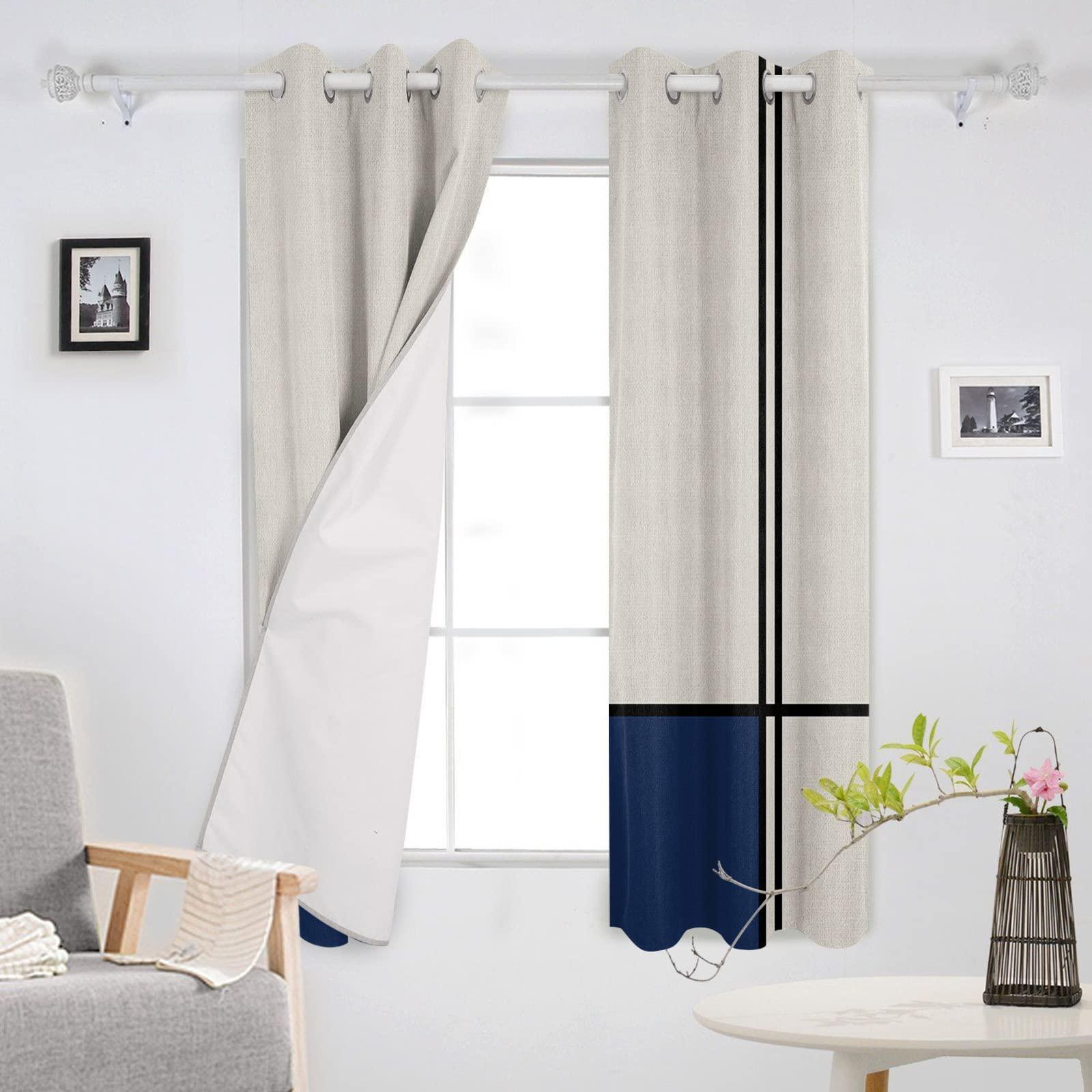 Tersuger Blackout Curtains 90 inches Long 2 Panels Set, Abstract Gemoetric Art Navy Blue Color Block Room Darkening Curtains Grommet Thermal Insulated Window Drapes for Living Room Bedroom Decor