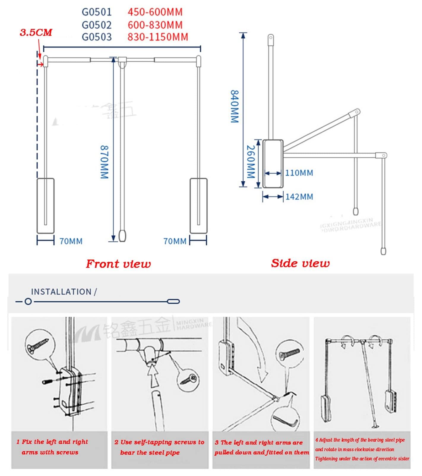 GFUDGBUIFIIIIGEDRI Pull Down Adjustable Wardrobe Rail Adjustable Hanging Lift Clothes Wardrobe Rail Extendable Clothes Hanger Wardrobe Pull Down Rod (Size : 45~60cm) ()