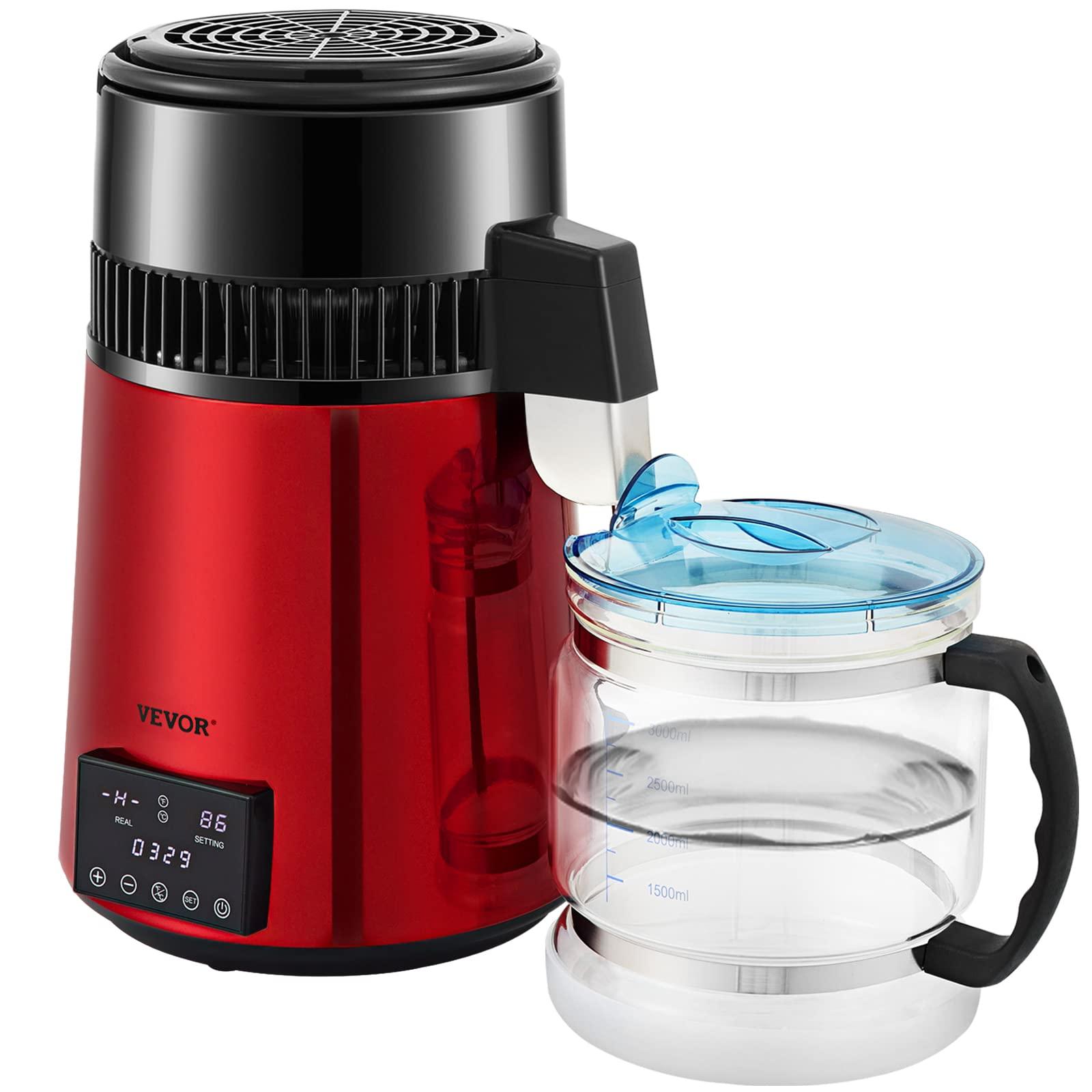 VEVOR VEVOR 1.1Gal Water Distiller, 0.3Gal/H, Distilled Water Maker Machine 750W 0-99H Timing Dual Temp Display, 304 Stainless Steel Countertop Distiller Glass Carafe Cleaning Powder 3 Carbon Packs, Red