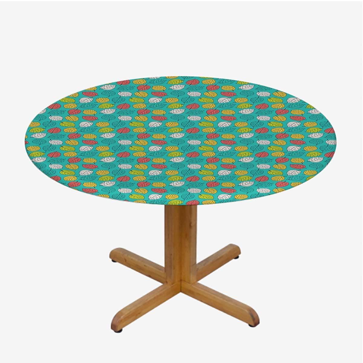 NJZOXR NJZOXR Round Fitted Table Cloth Cover Elastic Edged Fitted Table Cloths Cover Mat Colorful Abstract Leaves Art Fits up 40\"-44\" Diameter Tables