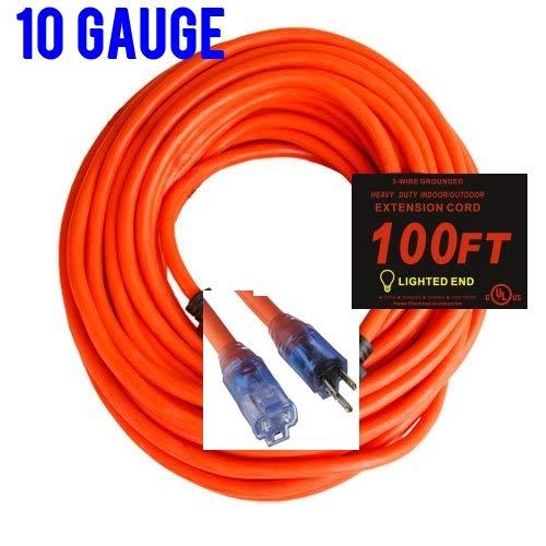 pizety pizety Extension Cord 100 ft 10 Gauge Heavy Duty Indoor Outdoor Outlet Power Extension Cord 10/3 plug 100 ft 125 volt 1875 watt 15 amp UL Listed 100 feet 10 gauge extension cord with Lighted Ends
