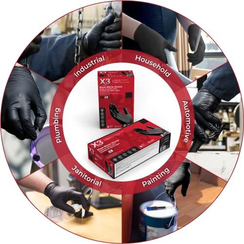 X3 X3 Black Nitrile Disposable Industrial Gloves 3 Mil, Latex/Powder-Free, Food-Safe, Non-Sterile, Textured, Medium, 2 Boxes of 100