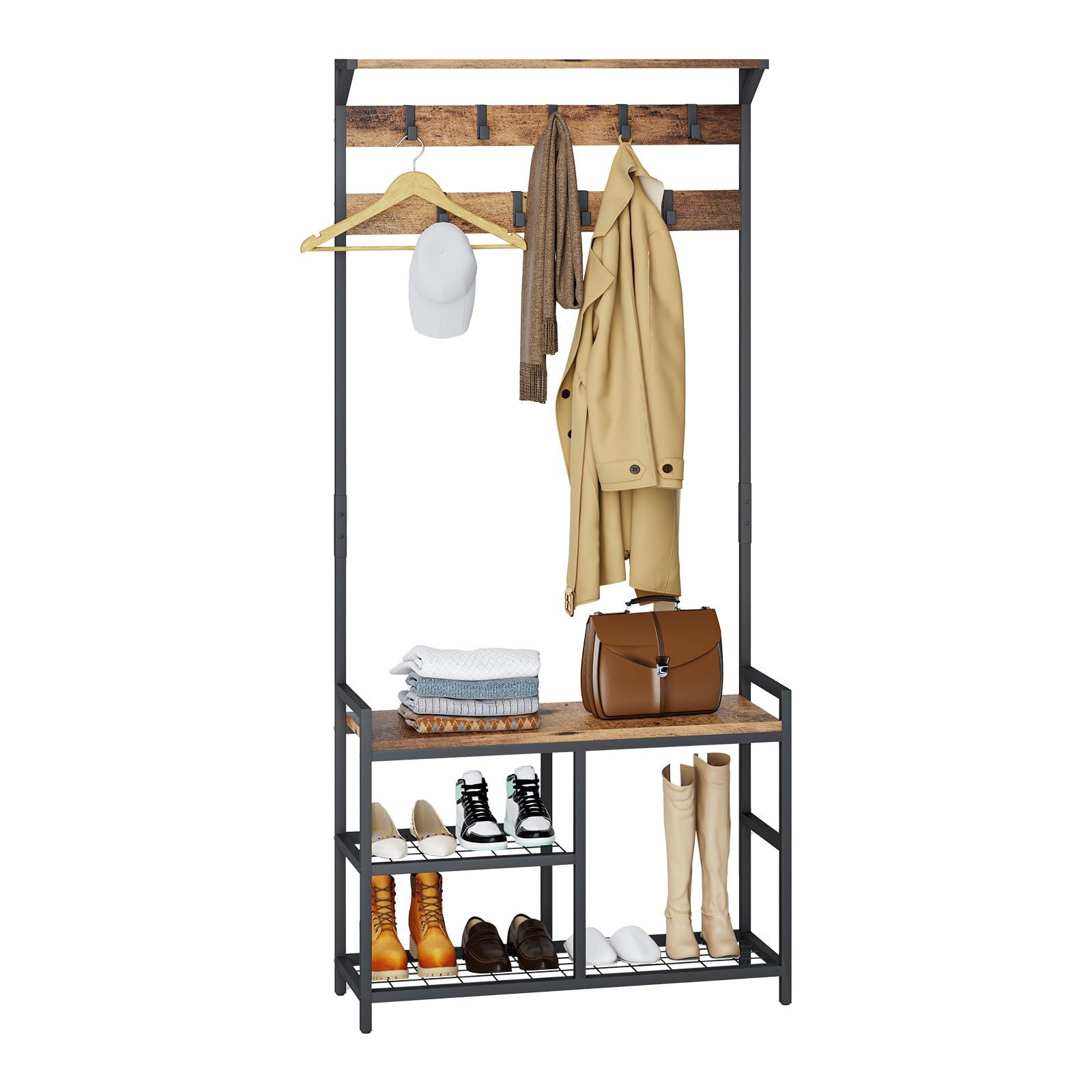 HOMEKOKO HOMEKOKO Coat Rack Shoe Bench, Hall Tree Entryway Storage Bench, Wood Look Accent Furniture with Metal Frame, 3-in-1 Design (Rustic Brown)