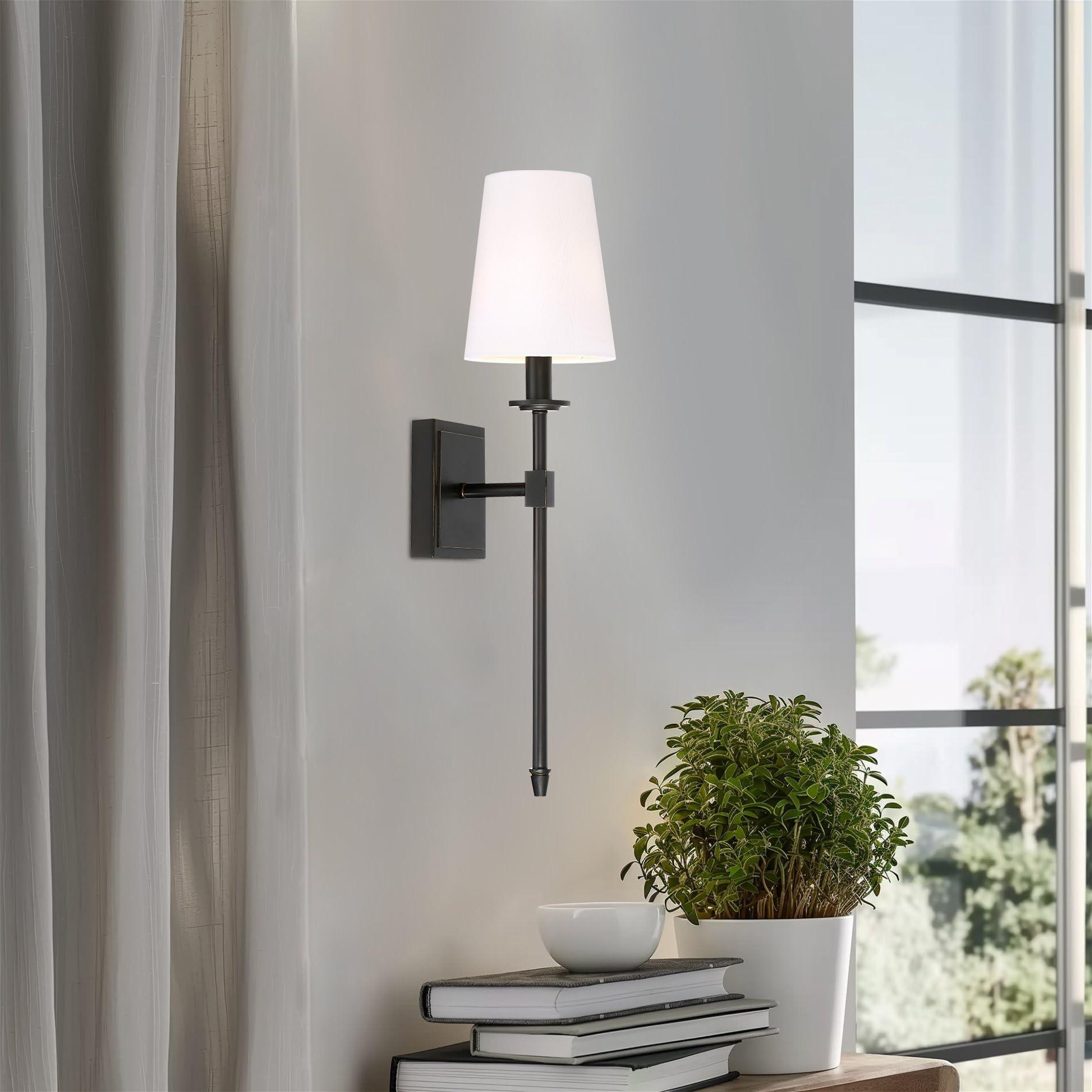 Kira Home Kira Home Torche 20" Wall Sconce/Wall Light + Linen Shade, Oil-Rubbed Bronze Finish