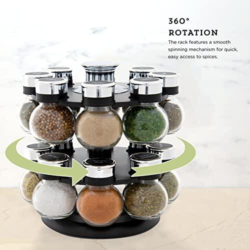Kamenstein Kamenstein 16 Jar Ellington Revolving Countertop Spice Rack with Lift & Pour Caps and Spices Included, FREE Spice Refills for 5 Years: Black and Chrome