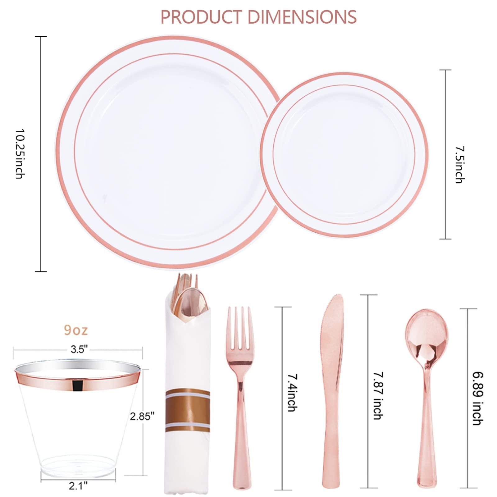 WELLIFE WELLIFE 350 Pieces Valentines Rose Gold Plastic Dinnerware, 50 Guests Disposable Plates with Rose Gold silverware and Cups, 50 Pre Rolled Napkins with Rose Gold Cutlery, Perfect for Wedding and Party