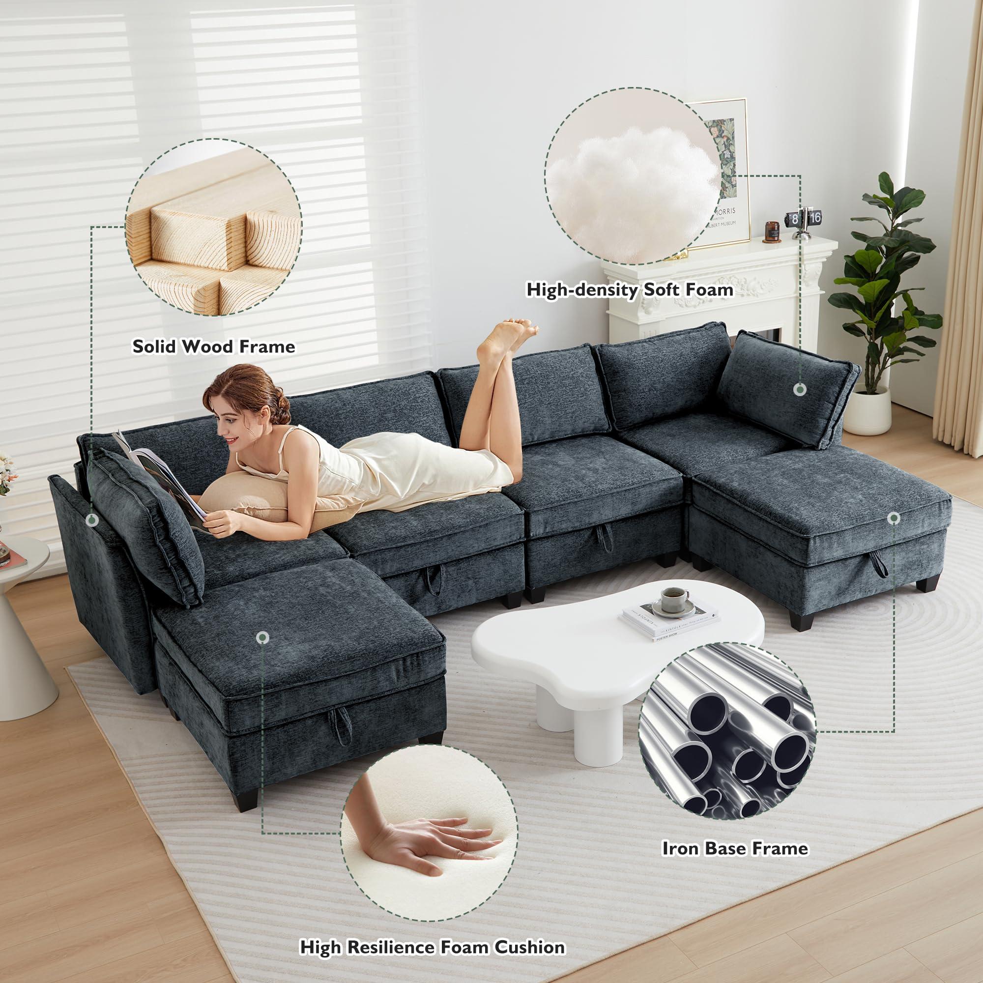 YMXLTD YMXLTD Sectional Couch with Storage, Modular Sectional Sleeper Sofa Cama Moderno Sets for Home Living Room, Lounge Sofa Couch Sectional Convertible for Bedroom, Office - Cloud Couch/Navy Blue Couch