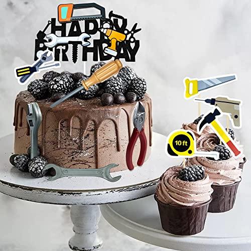 KDPATFAV 18PCS Tools Cake Topper Tools Cake Decorations Toolbox Wrench Hammer Mechanic Drill Plier Handsaw Tape Measure Screwdrivers Themed Happy Birthday Party Decor