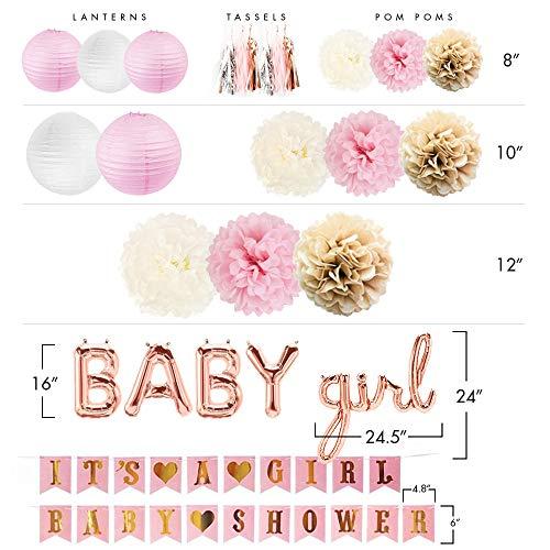 Sweet Baby Company Sweet Baby Co. Pink Baby Shower Decorations for Girl with Its A Girl Banner, Baby Girl Letter Balloons, Flower Pom Poms, Paper Lanterns, Tassels (Rose Gold, Pink, Ivory, White Sprinkle Set)