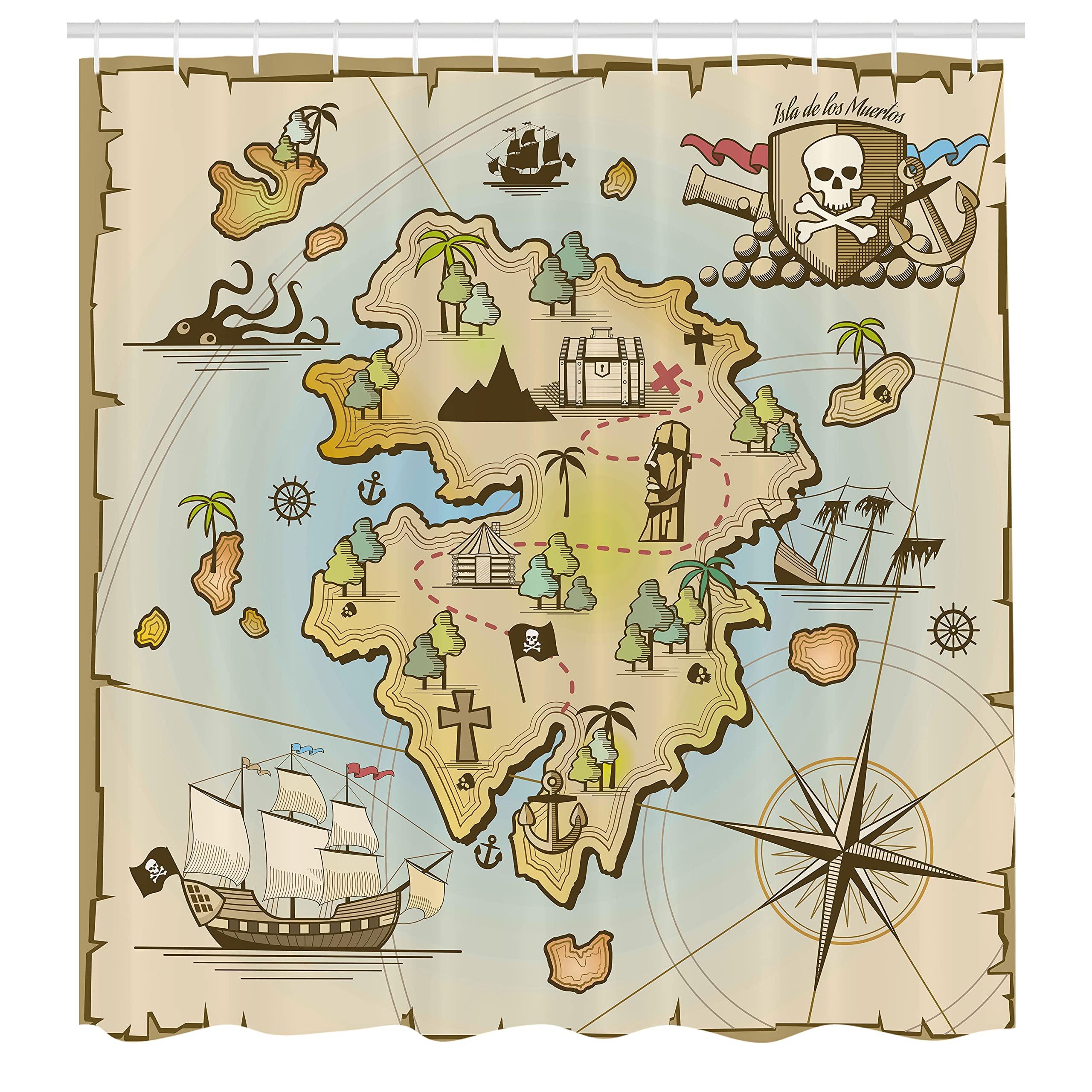 Ambesonne Ambesonne Island Map Shower Curtain, Cartoon Treasure Island Pirate Ship Chest Kraken Octopus Nautical Design, Cloth Fabric Bathroom Decor Set with Hooks, 69" W x 70" L, Pale Beige