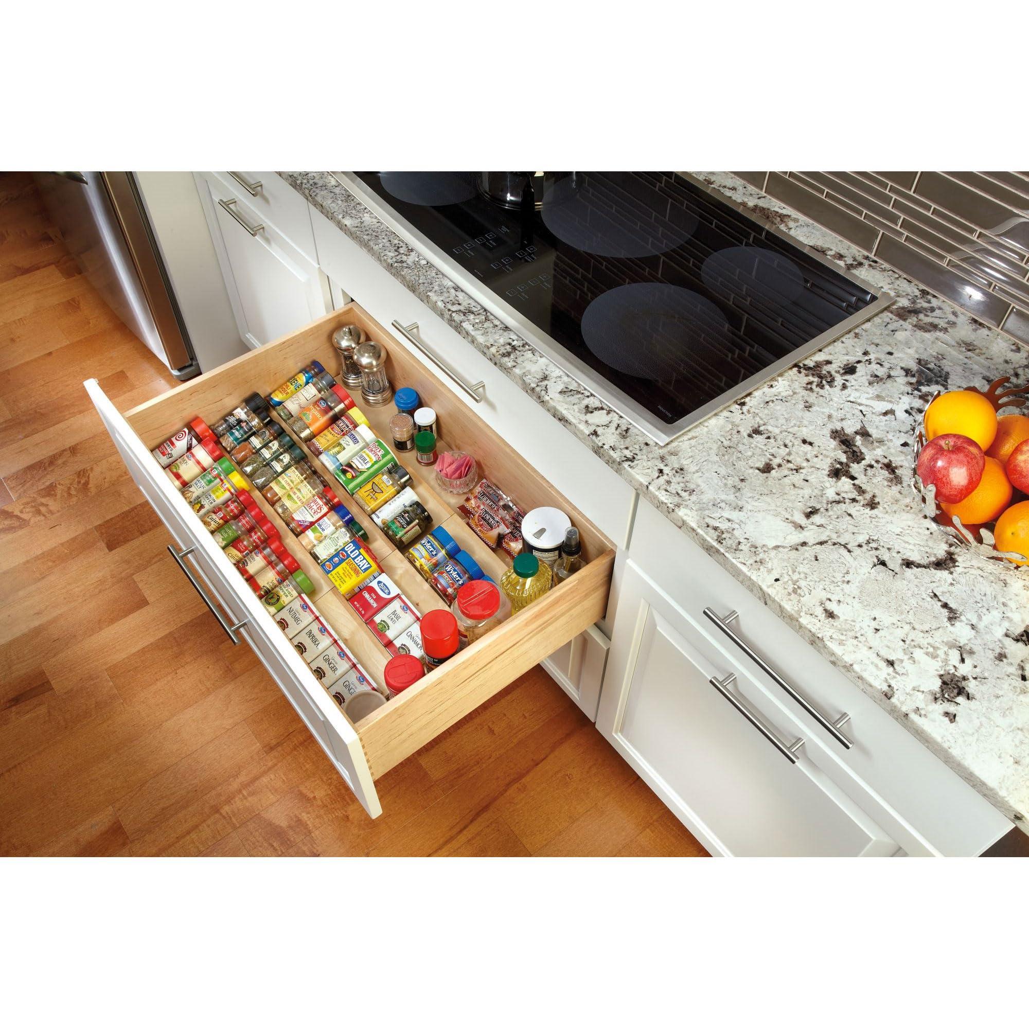 Rev-A-Shelf Rev-A-Shelf 22\" 3 Tiered Seasoning Organizer, Trim-to-Fit Wooden Kitchen Draw and Cabinet Home Storage Insert, Pull Out Spice Rack, Maple, 4SDI-24