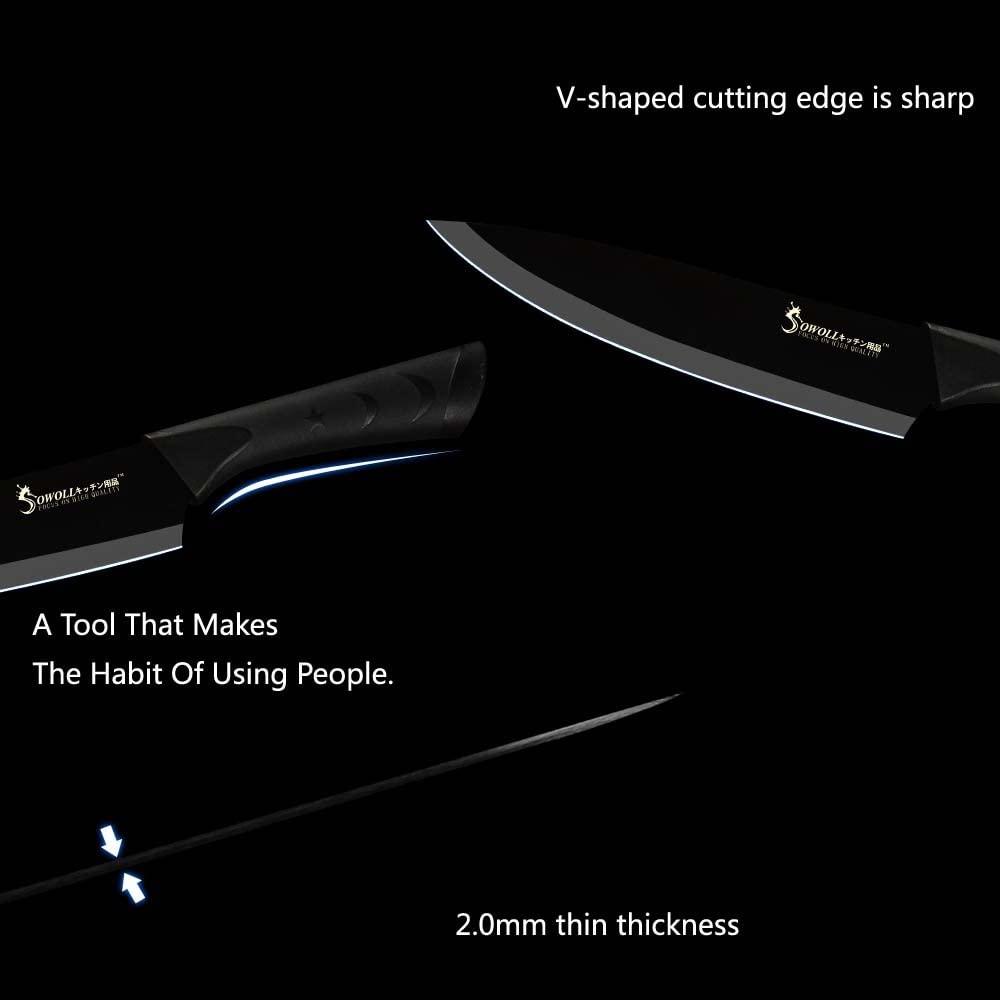 MAYiT Kitchen Knife Sets, 6pcs Black Knives Set Professional Chef Knife Tool DIY Roll Bag Portable Knives Kitchen Tools Slicing Santoku Fruit Knife with cover