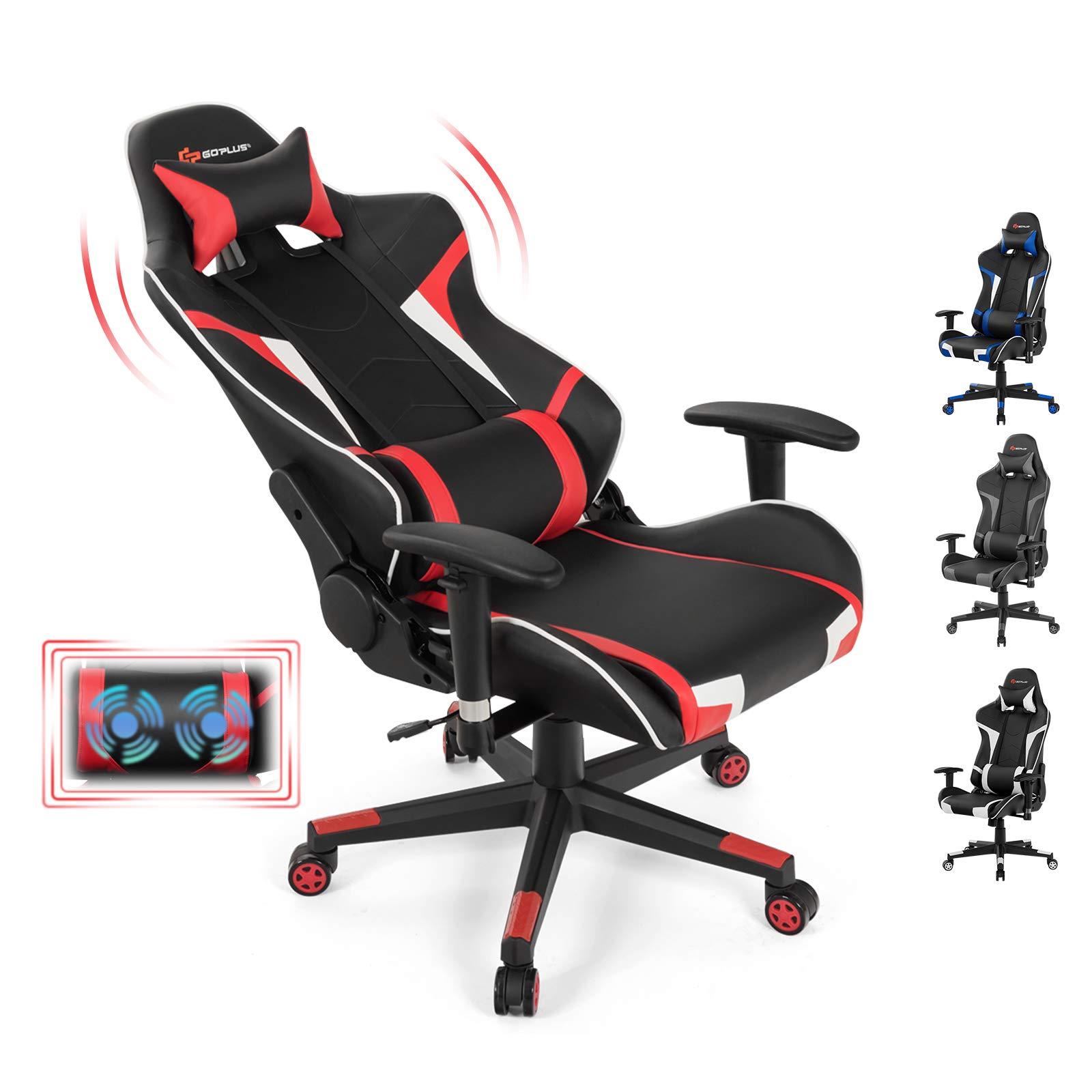 Goplus Goplus Gaming Chair, Massage Office Chair Computer Gaming Racing Chair, High Back PU Leather Adjustable Arms Headrest Ergonomic Reclining Game Chair, Rolling Swivel Executive Chair