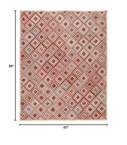 Safavieh SAFAVIEH Cape Cod Collection Area Rug - 5\' x 8\', Natural & Red, Handmade Flat Weave Diamond Braided Jute & Denim, Ideal for High Traffic Areas in Living Room, Bedroom (CAP354B)