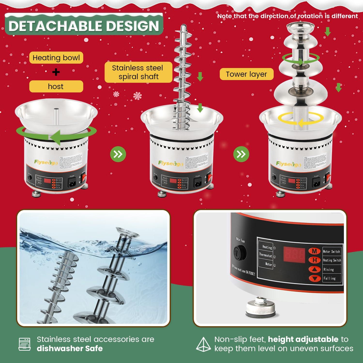 Flyseago Flyseago Commercial Chocolate Fountain 4 Tiers 7Lbs Large Chocolate Waterfall Stainless Steel Chocolate Heating Melting Fondue Machine Easy to Assemble for Cheese BBQ Sauce Ranch Digital-control