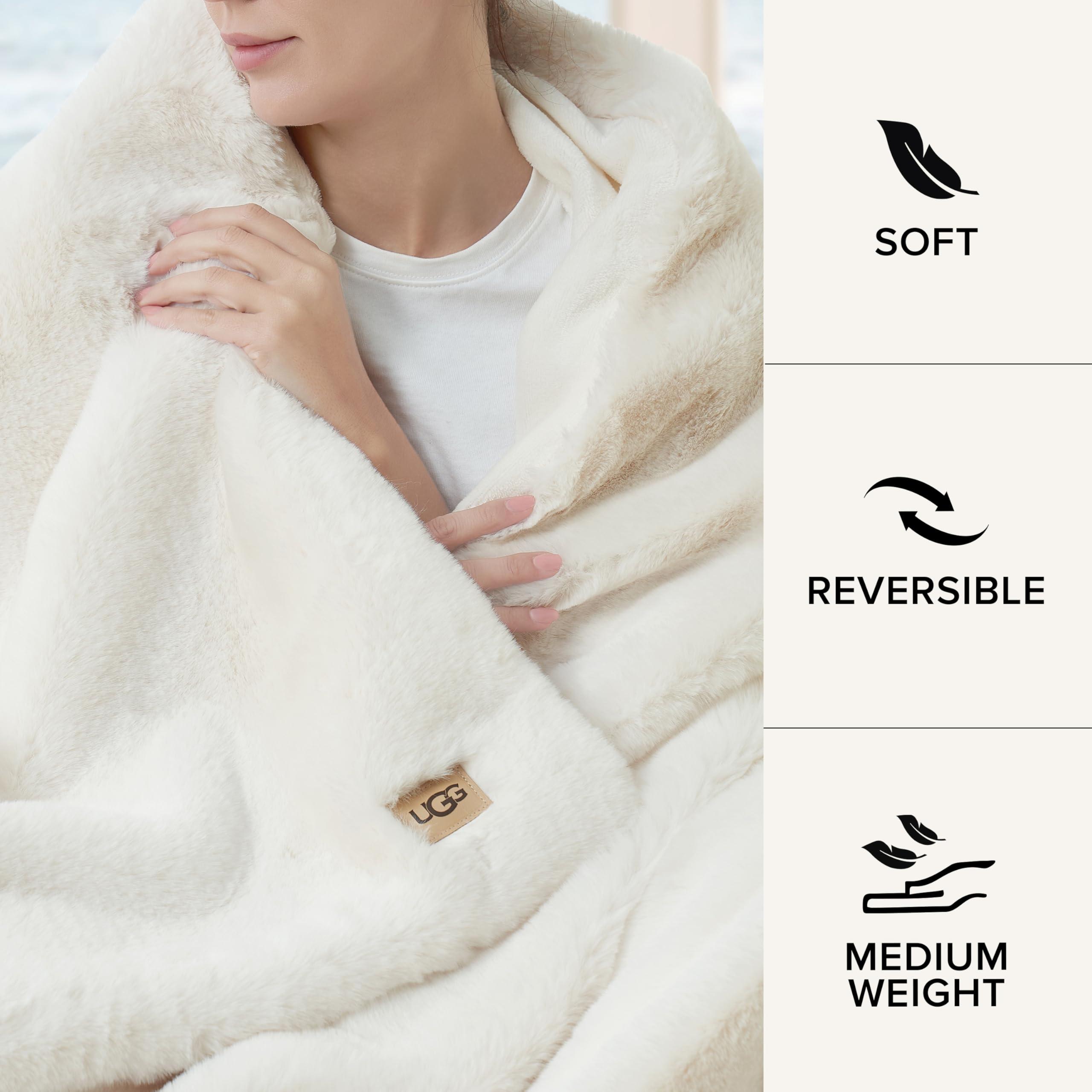 UGG UGG 16796 Euphoria Plush Faux Fur Reversible Throw Blanket for Couch or Bed Luxury Hotel Style Machine Washable Soft Cozy Home Decor Fuzzy Fluffy Sofa Blanket, 70 x 50-Inch, Snow