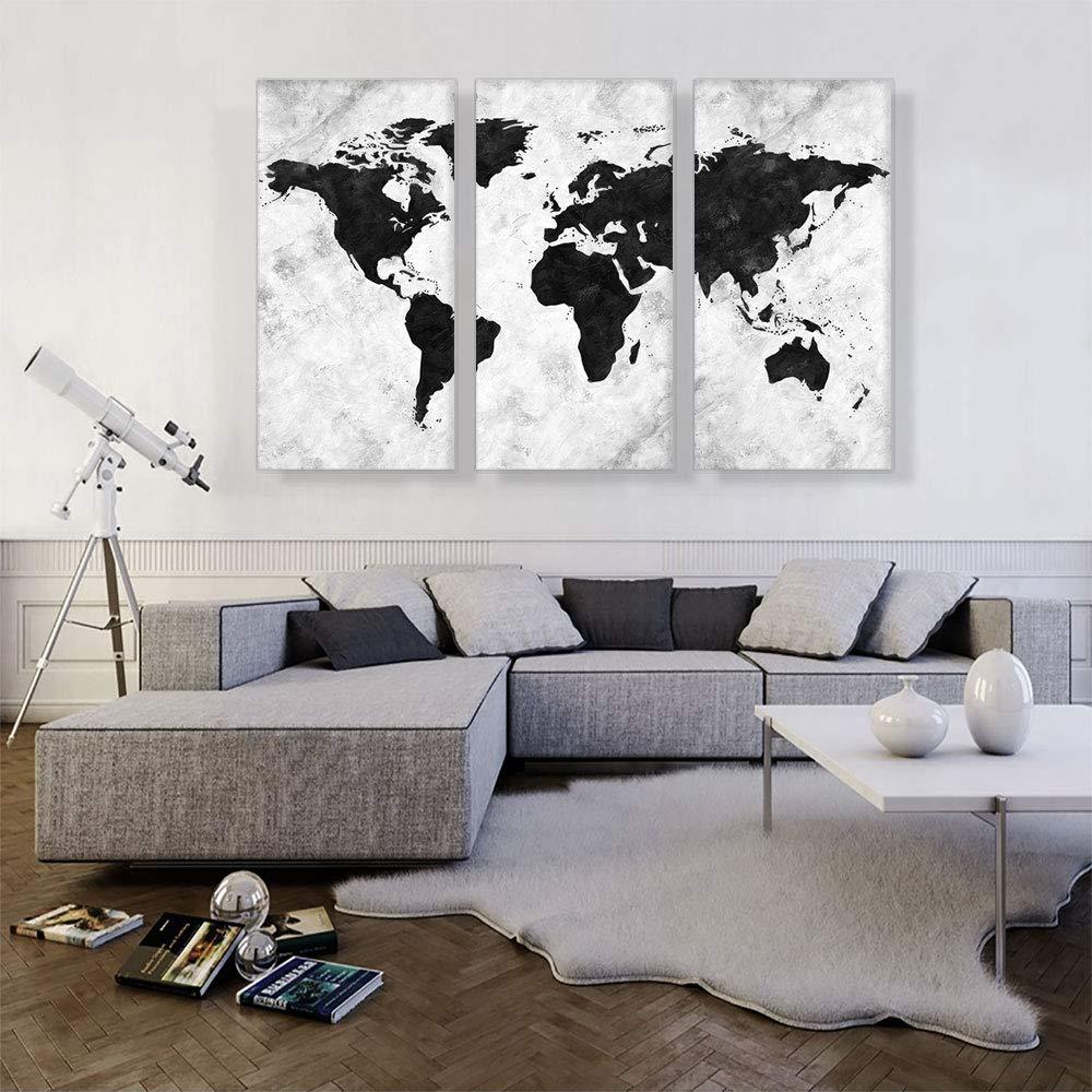 ARTCANVAS ARTCANVAS Black White World Map Canvas Art Print Stretched Framed Painting Picture Poster Giclee Wall Decor - 60\" x 40\" (0.75\" Deep) (3-Piece)