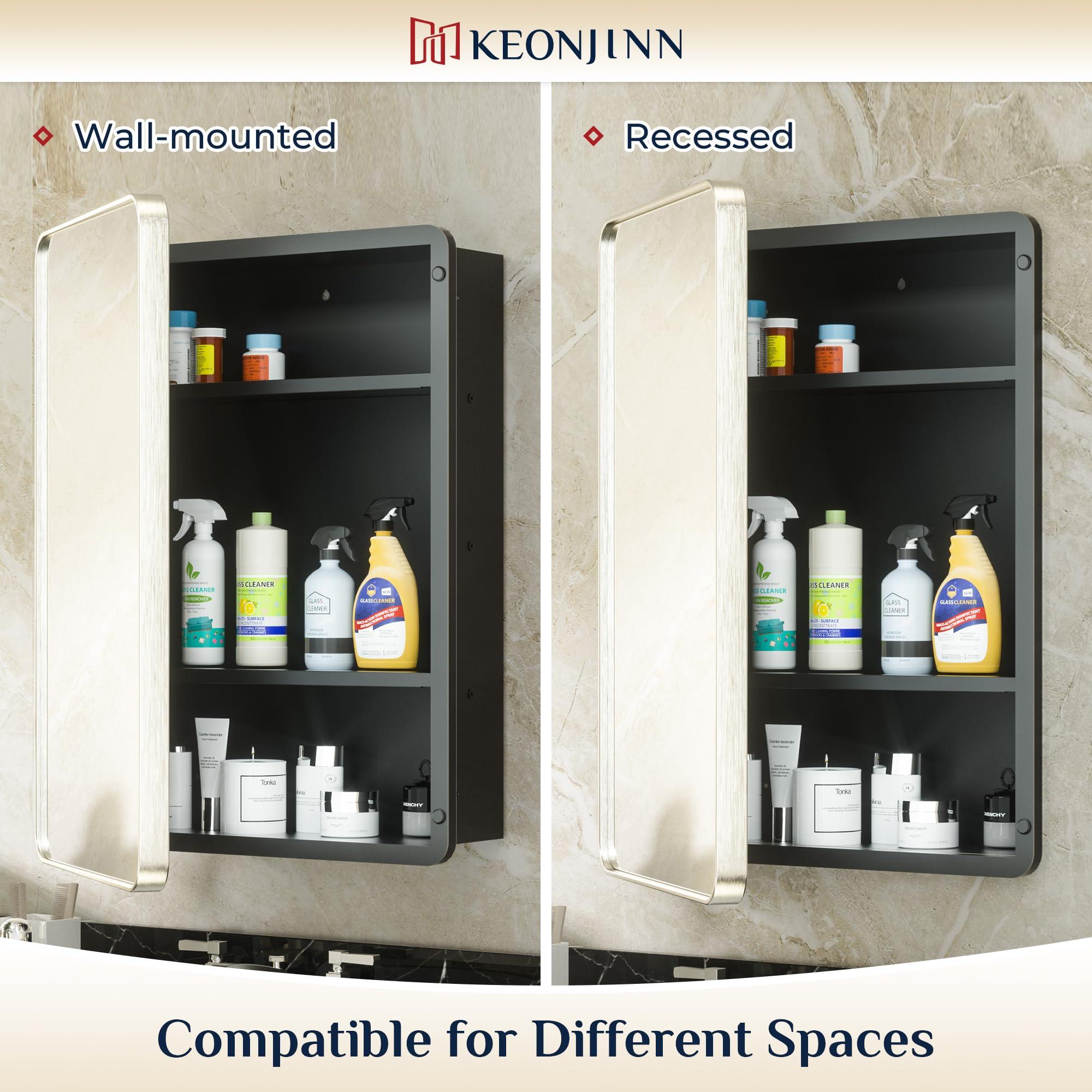 Keonjinn Keonjinn 16 x 24 Inch Brushed Nickel Medicine Cabinets for Bathroom with Mirror Stainless Steel Framed Rounded Rectangle Adjustable Shelves Modern Recessed Silver Medicine Cabinet for Bathroom Storage