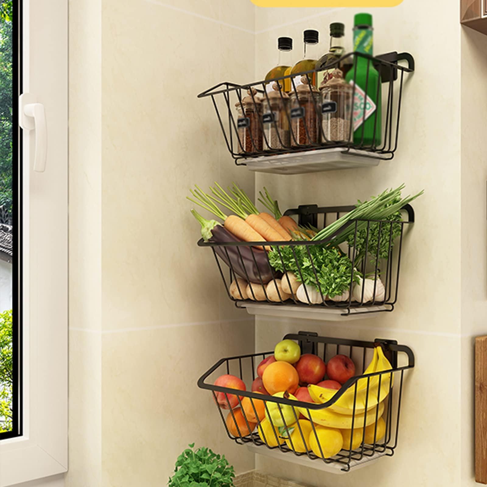 HJXGQJM Fruit Vegetable Storage Basket,wall Mounted Fruit And Vegetable Rack, For Storing Organizing Fruit Vegetables Eggs Snacks Breads, Stainless Steel Fruit And Vegetable Rack, Black fruit and vegetable ra