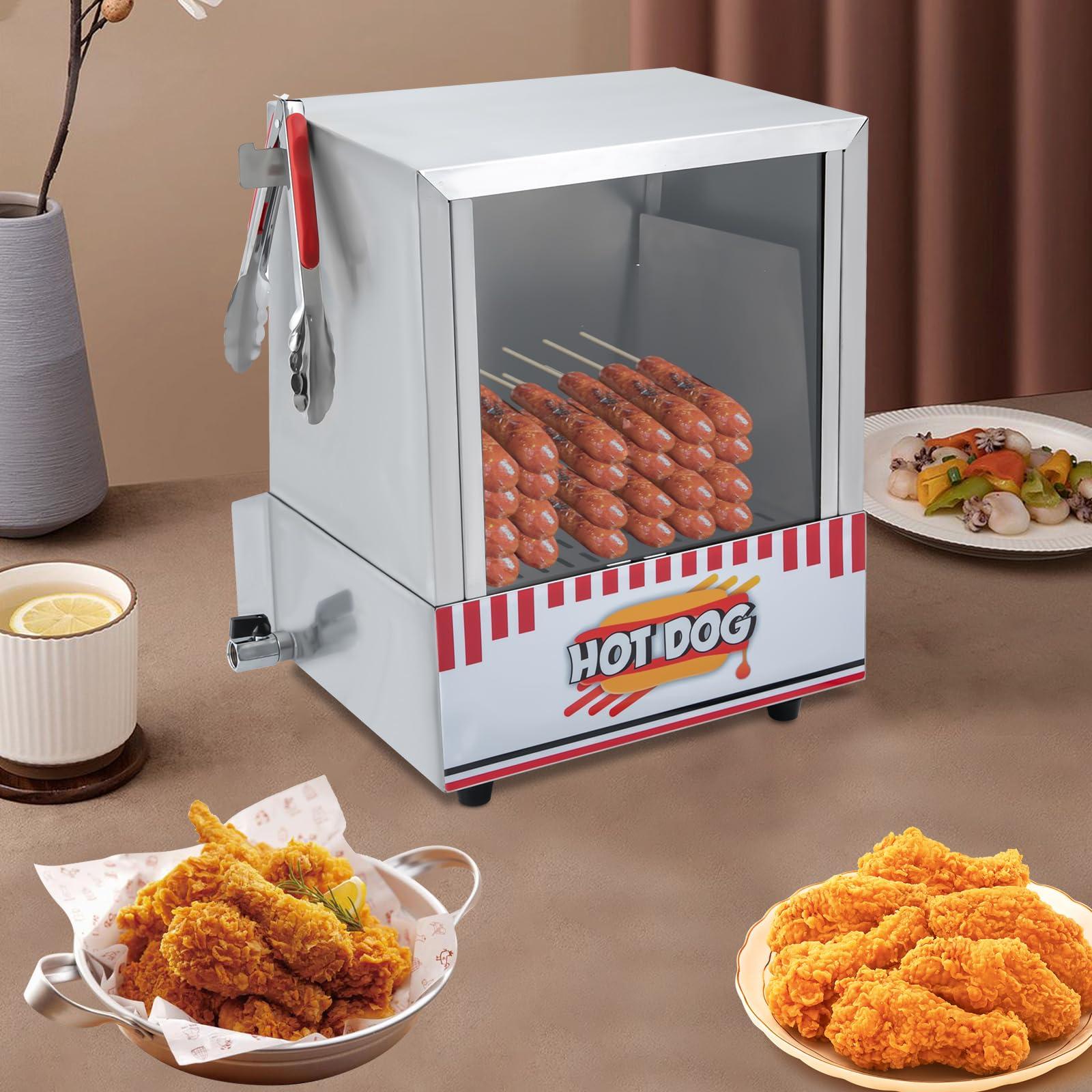 SHZICMY Hot Dog Steamer, 20L, Commercial Hot Dog Steamer for 96 Hot Dogs, Electric Hot Dog Warmer with Drop Down Door Acrylic Window Partition Plate Food Clip, Stainless Steel, Electric Hot Dog Steamer