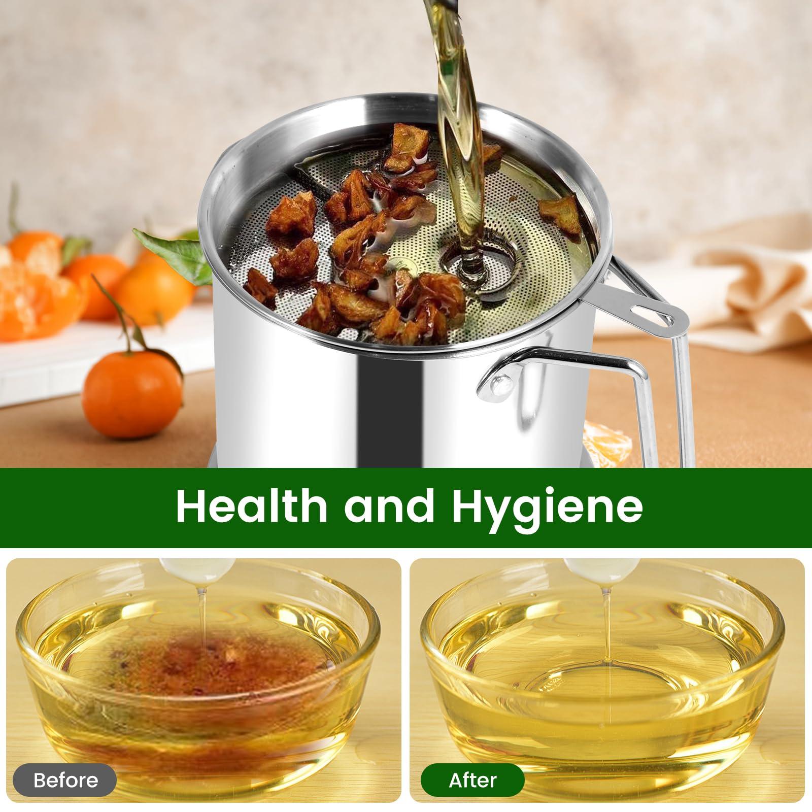 kjcbkcb Oil Strainer Pot, 1.8L Stainless Steel Oil Storage Can with Strainer and Dust-Proof Lid, Bacon Grease Saver Container, Wide Mouth Oil Filter Pot for Storing Frying Oil and Cooking Grease