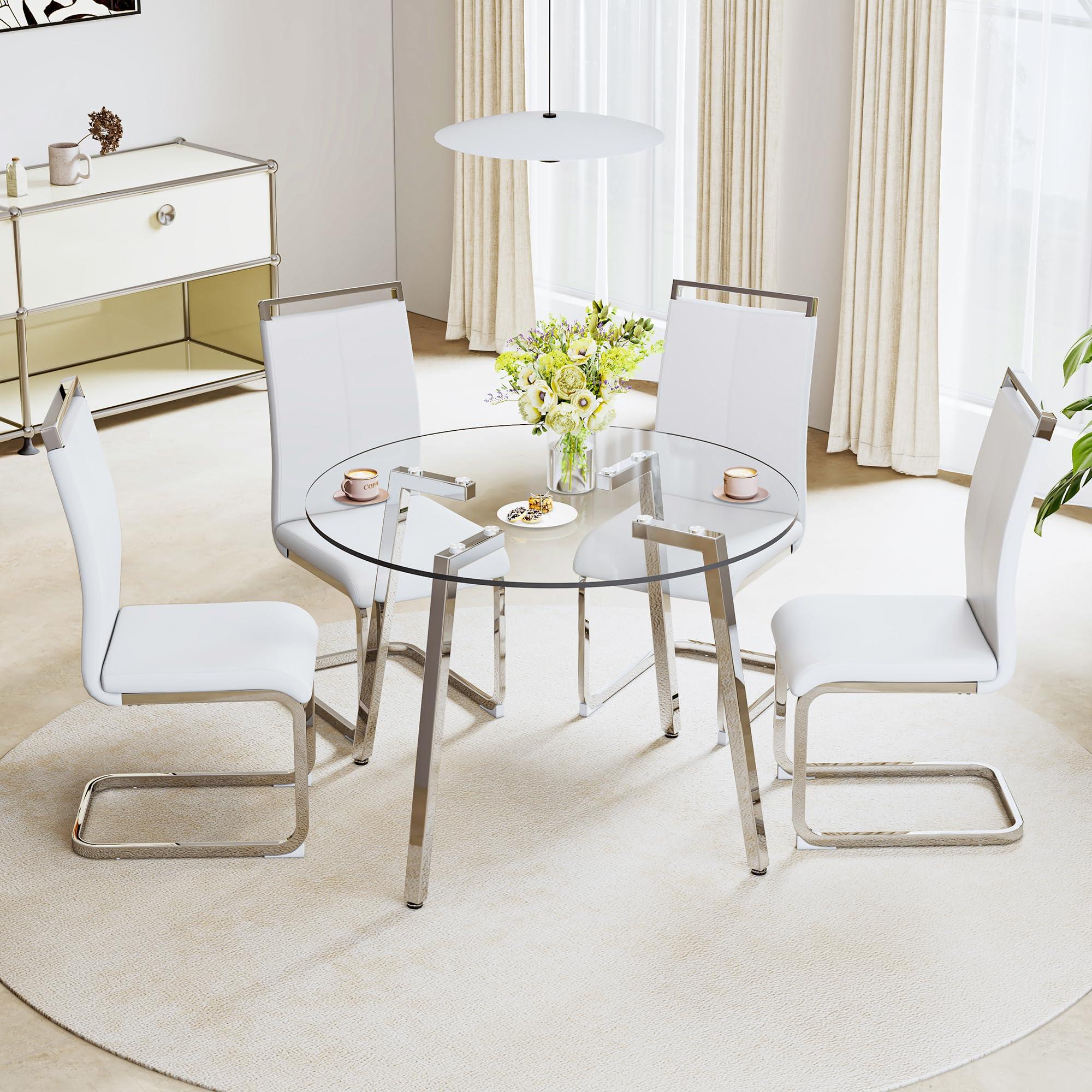 HAIZAO HAIZAO 42 inch Round Glass Dining Table Set for 4, 5 Piece Dining Table Set, Tempered Glass Tabletop with 4 Silver Metal Legs, White PU Faux Leather Chairs with Silver Metal Legs, for Dining Room
