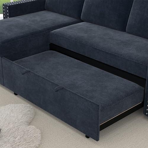 PONLEE L Shaped Convertible Sectional Couch with Pull Out Bed and Storage , 3 Seater Corner Sleeper Sofa with Reversible Chaise and Copper Nailhead for Living Room, Apartment, Bedroom, Office Chenille Fabric