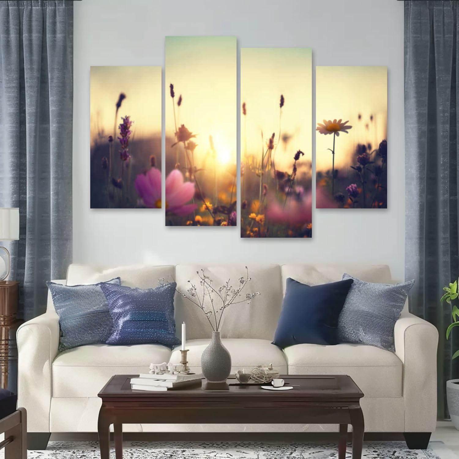 CXHSZHYZYQ CXHSZHYZYQ Canvas Wall Art Prints Pictures Summer Meadow Framed Posters Modern Wall Painting Artwork Gift Home Decor for Living Room Ready to Hang 4 Panel