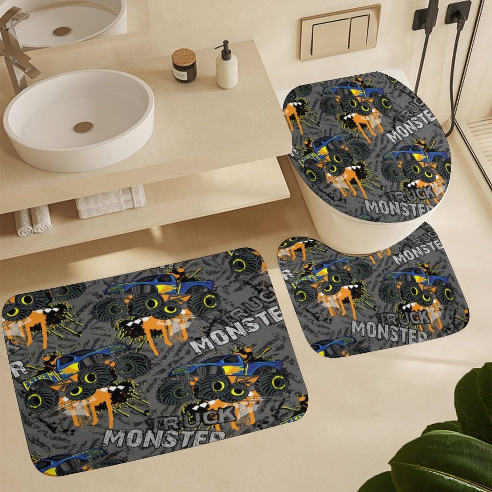 JretailAx Abstract Monster Truck Car Shower Curtain Sets 4 Piece,Boys Shabby Paint Style Sports Theme Monster Trucks Bathroom Decor Sets with Rugs Include Waterproof Non-Slip Toilet Lid Cover Bath Mat