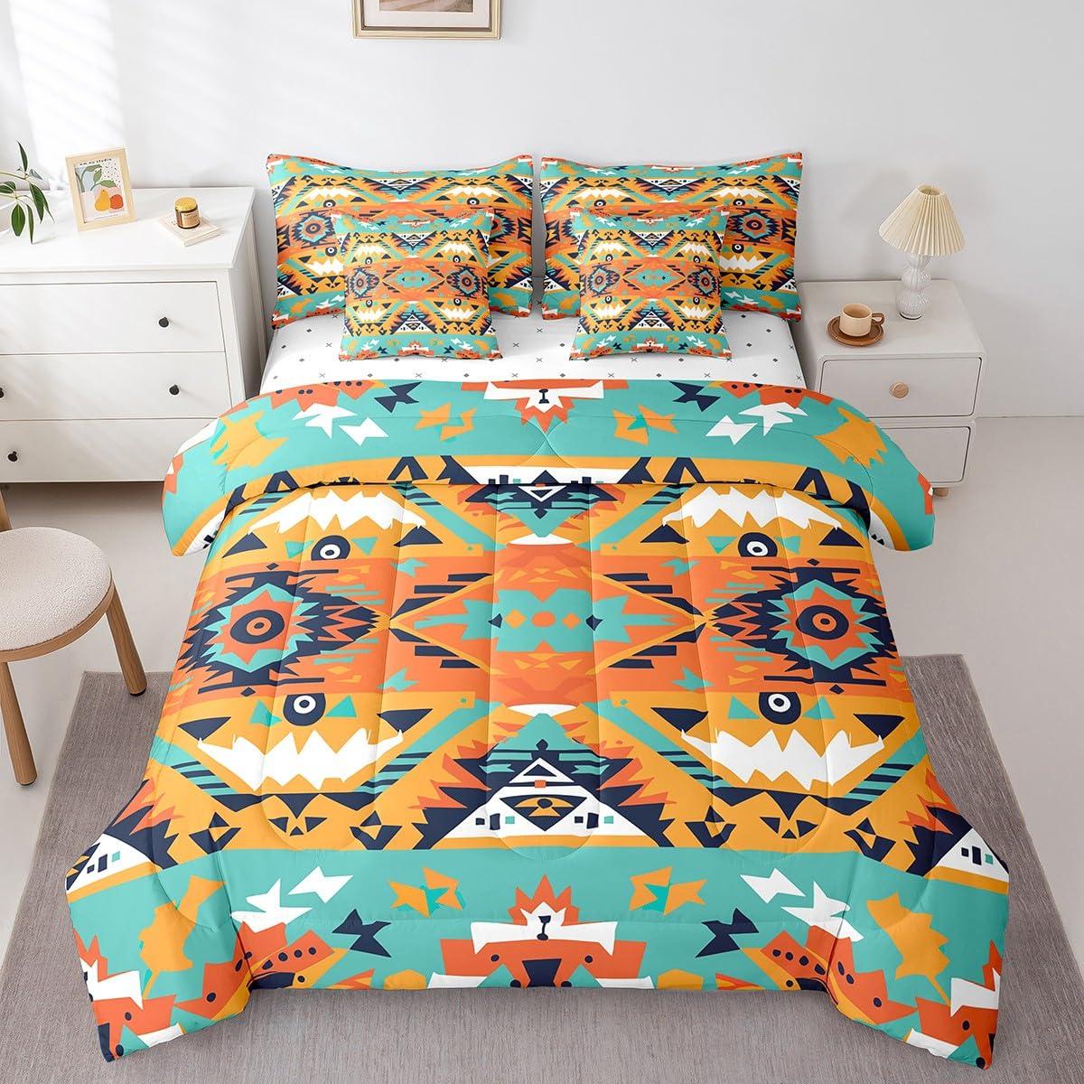 Erosebridal Erosebridal Aztec Bed in a Bag Queen Comforter Set 7 Piece,Indian Tribe Geometry Bedding Sets Southwestern Native Sheet Set with Comforter